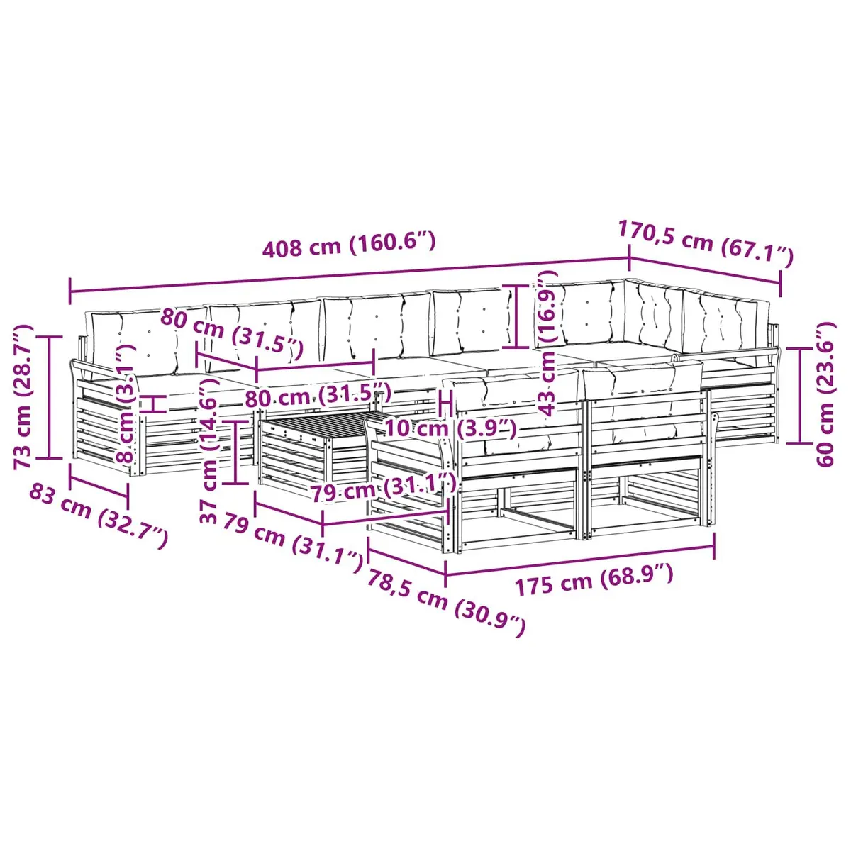 Outdoor Sofa Set Modular Brown Solid Acacia Wood 9 Piece