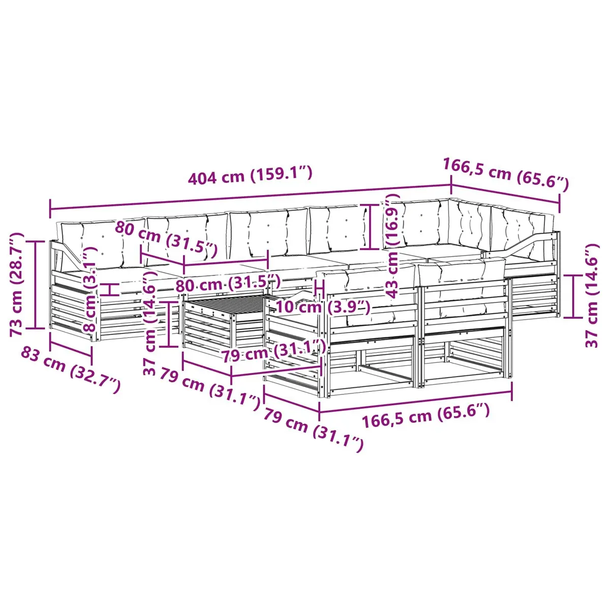 Outdoor Sofa Set Modular Sectional 9 Pieces Solid Acacia Wood with Cushions