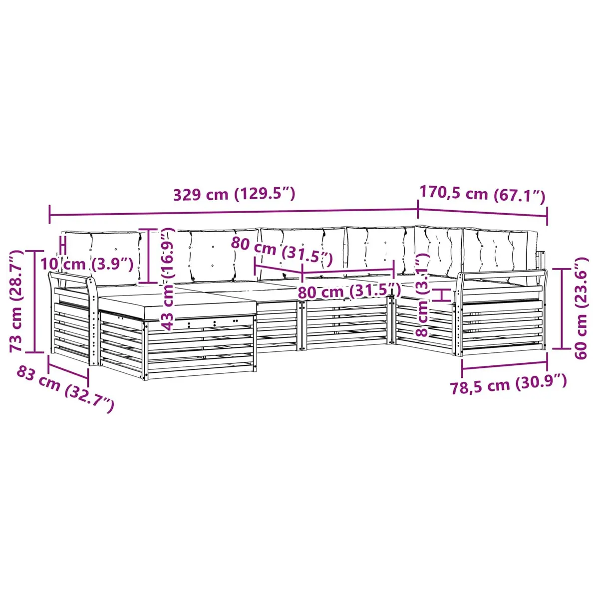 Outdoor Sofa Set Modular 6 Pieces Solid Acacia Wood Natural Finish with Cushions