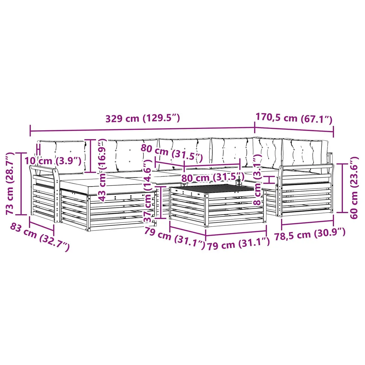 Outdoor Sofa Set Modern Brown Solid Acacia Wood 7 Piece Modular Patio Garden Furniture