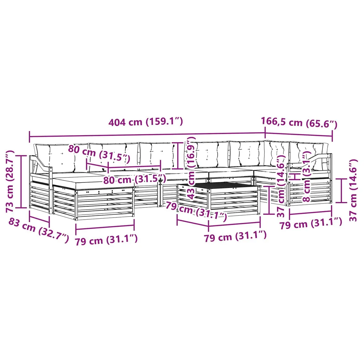 Outdoor Sectional Sofa Set Contemporary Modular 8 Piece Solid Acacia Wood with Cushions