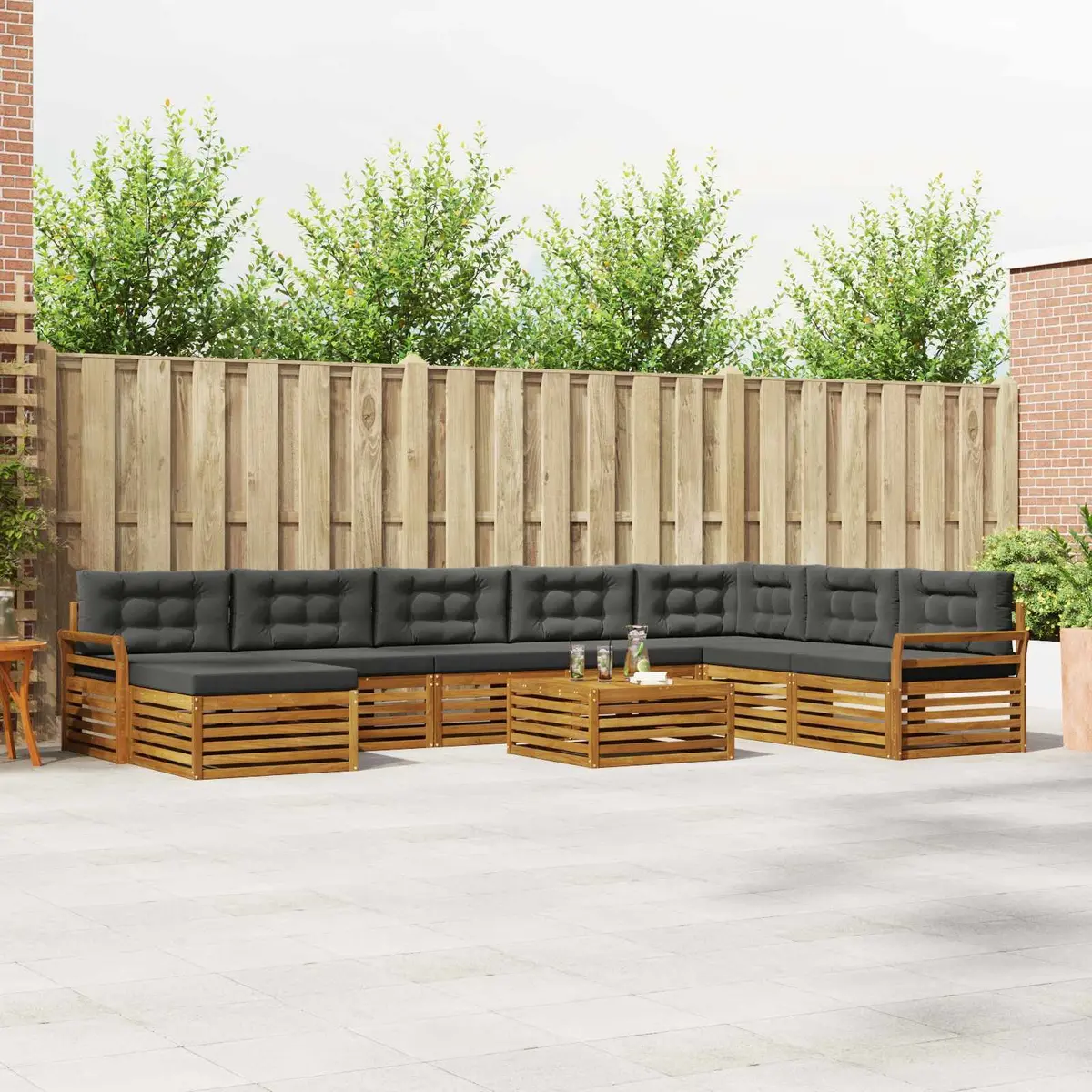 Outdoor Sectional Sofa Set Modular Natural Acacia Wood 9 Piece Anthracite Polyester Cushions