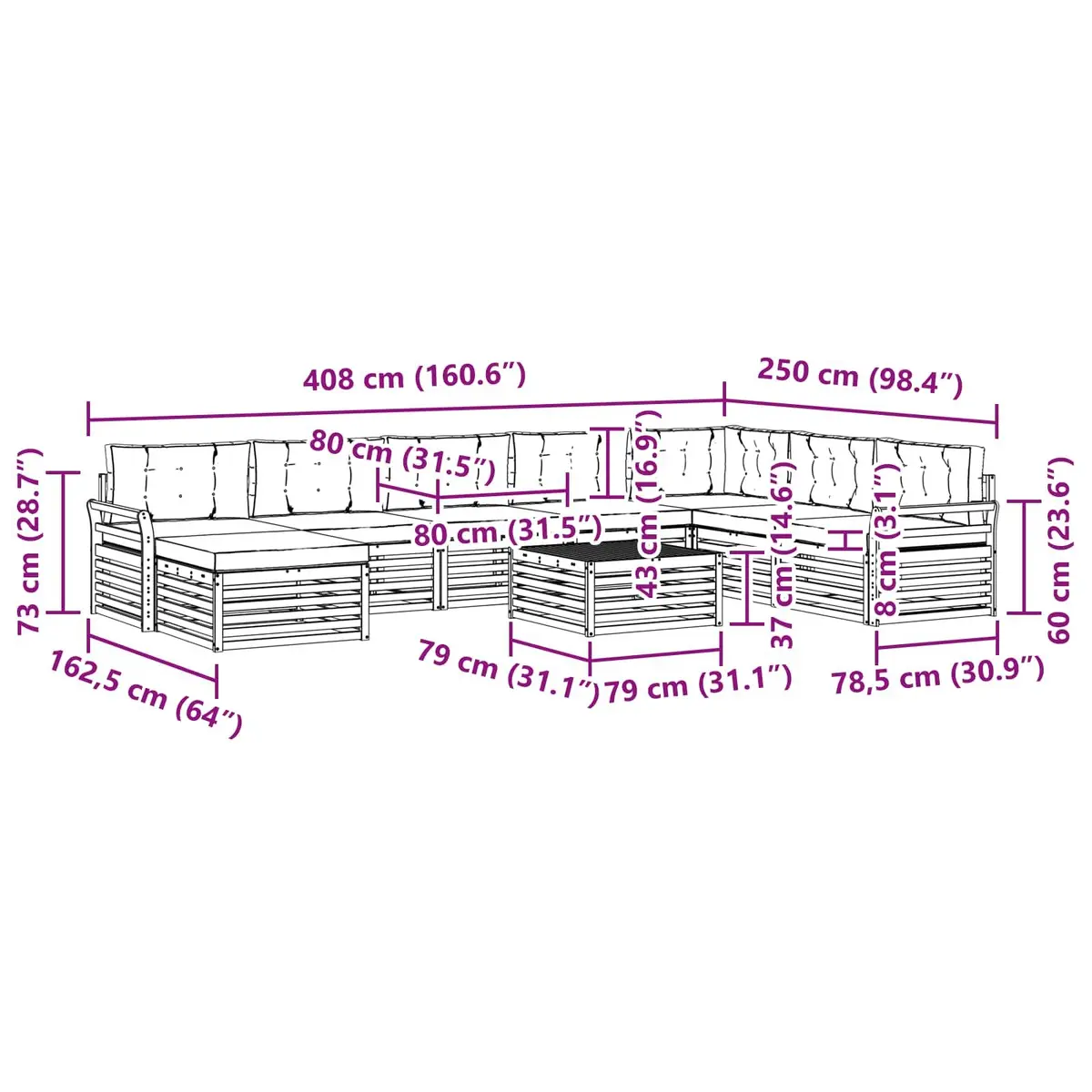 Outdoor Sectional Sofa Set Modular Natural Acacia Wood 9 Piece Anthracite Polyester Cushions