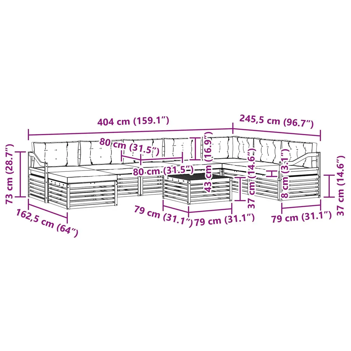 Outdoor Sectional Sofa Set Contemporary 9 Pieces Natural Anthracite Solid Acacia Wood Polyester