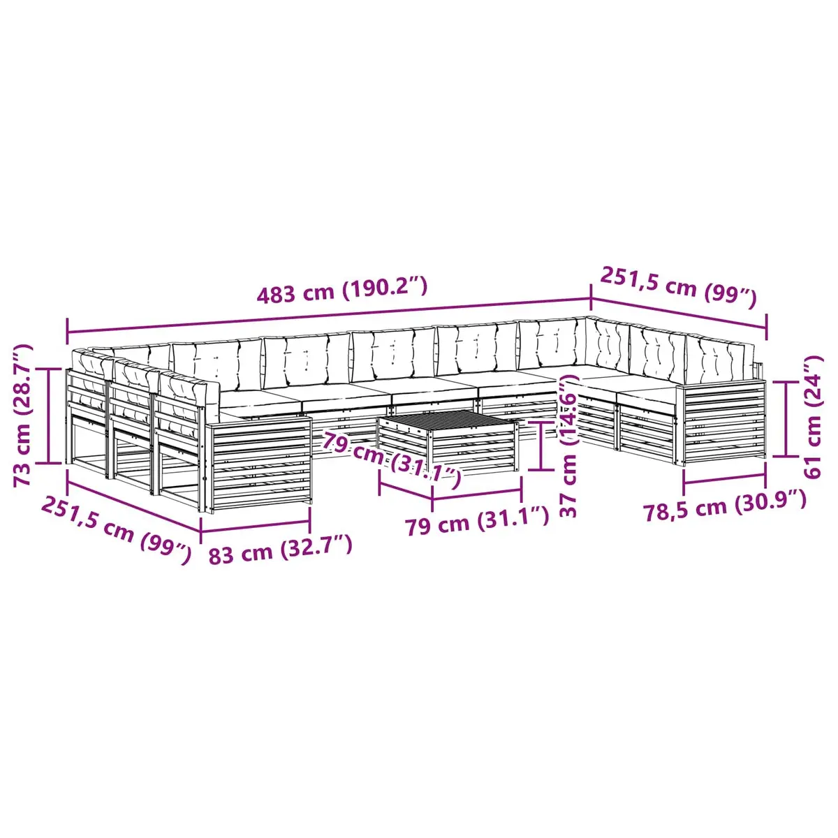 Outdoor Sofa Set Modular 11 Piece Natural Anthracite Solid Acacia Wood