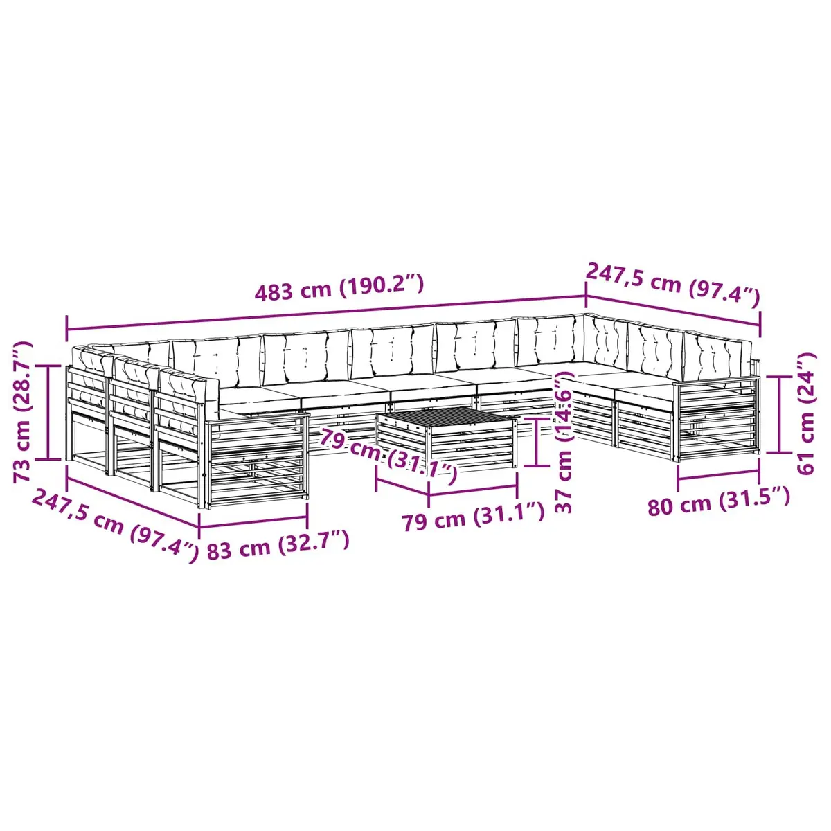 Outdoor Sofa Set Modular 11 Piece Natural Anthracite Solid Acacia Wood