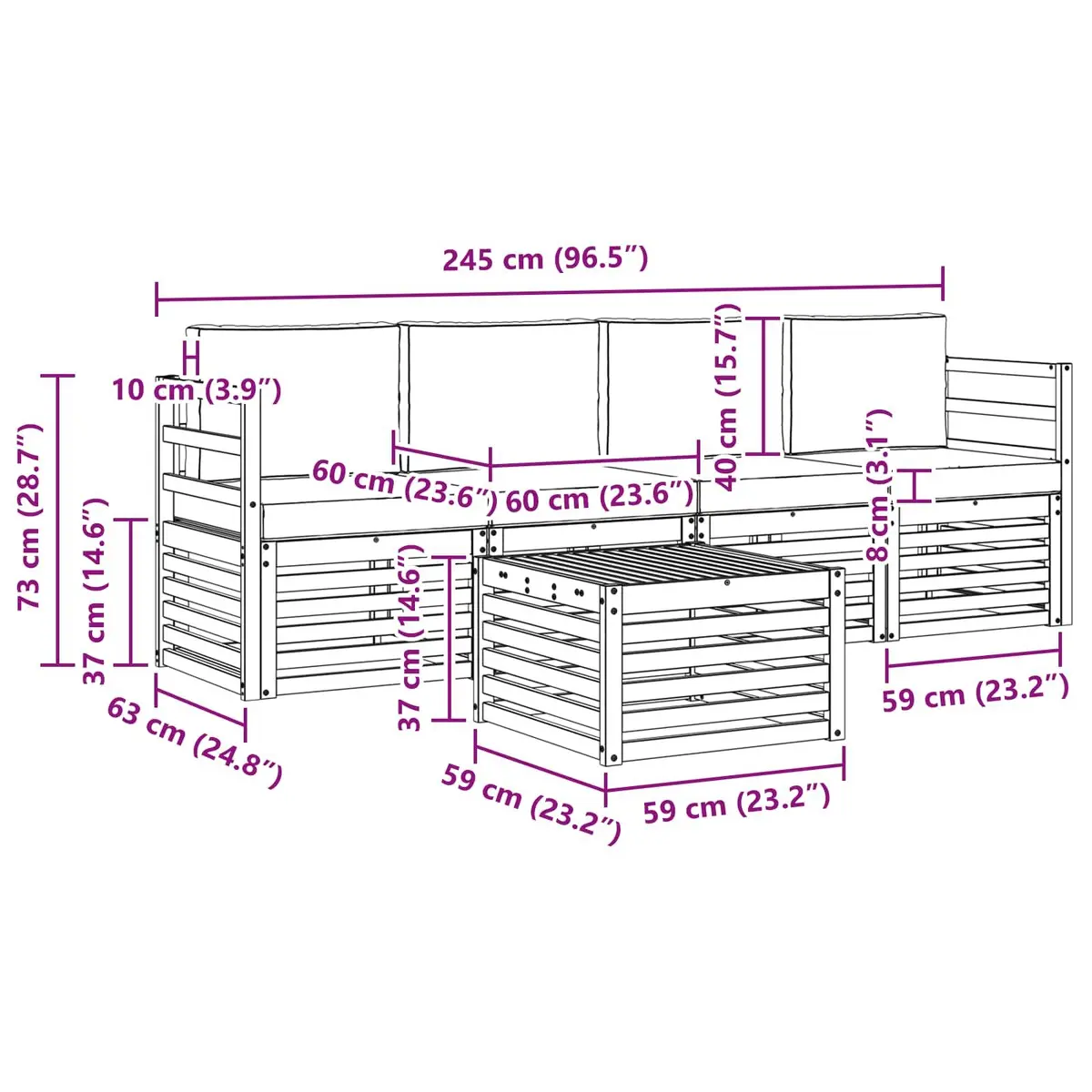 Outdoor Sofa Set Modular Natural Anthracite Solid Acacia Wood 5 Piece