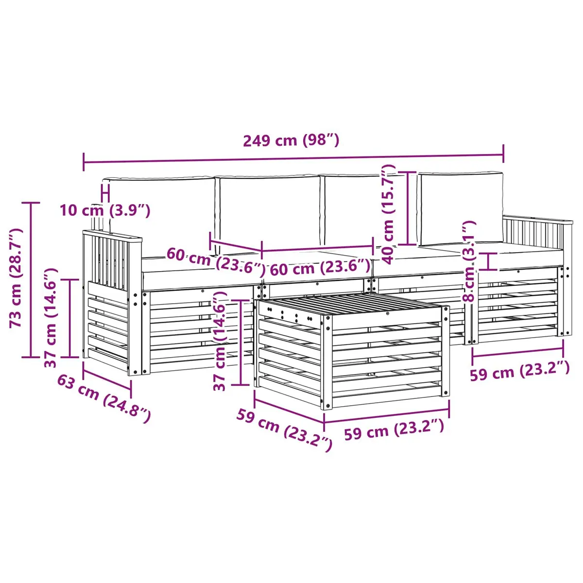 5 Piece Outdoor Sofa Set Natural Anthracite Acacia Wood Garden Furniture