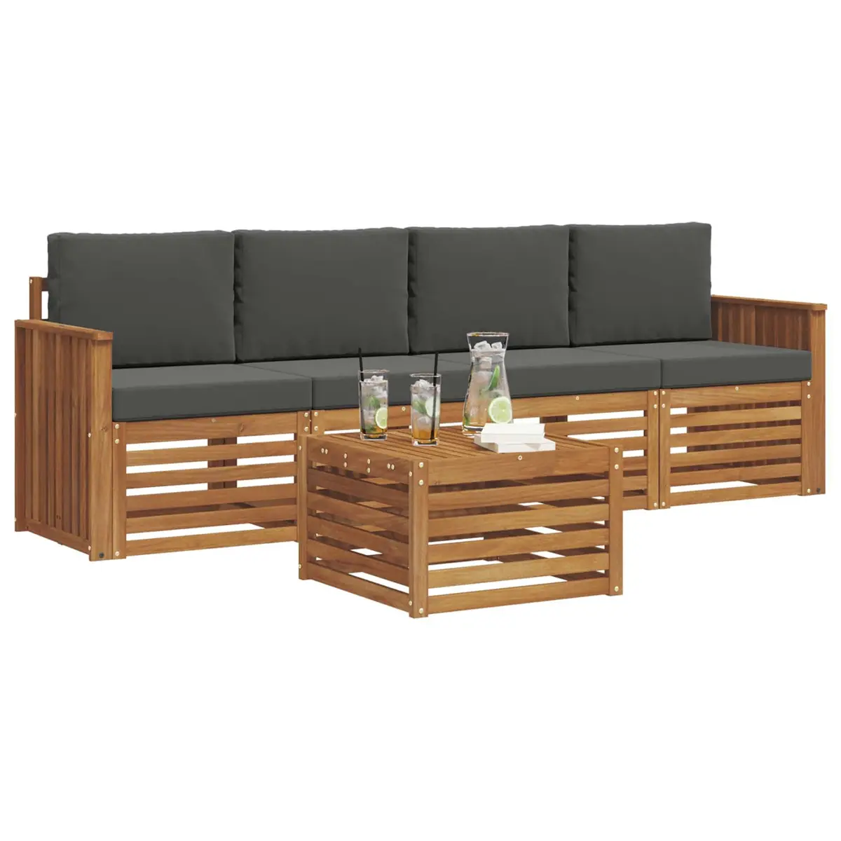 Outdoor Sofa Set Modular Natural Anthracite Solid Acacia Wood 5 Piece Garden Furniture