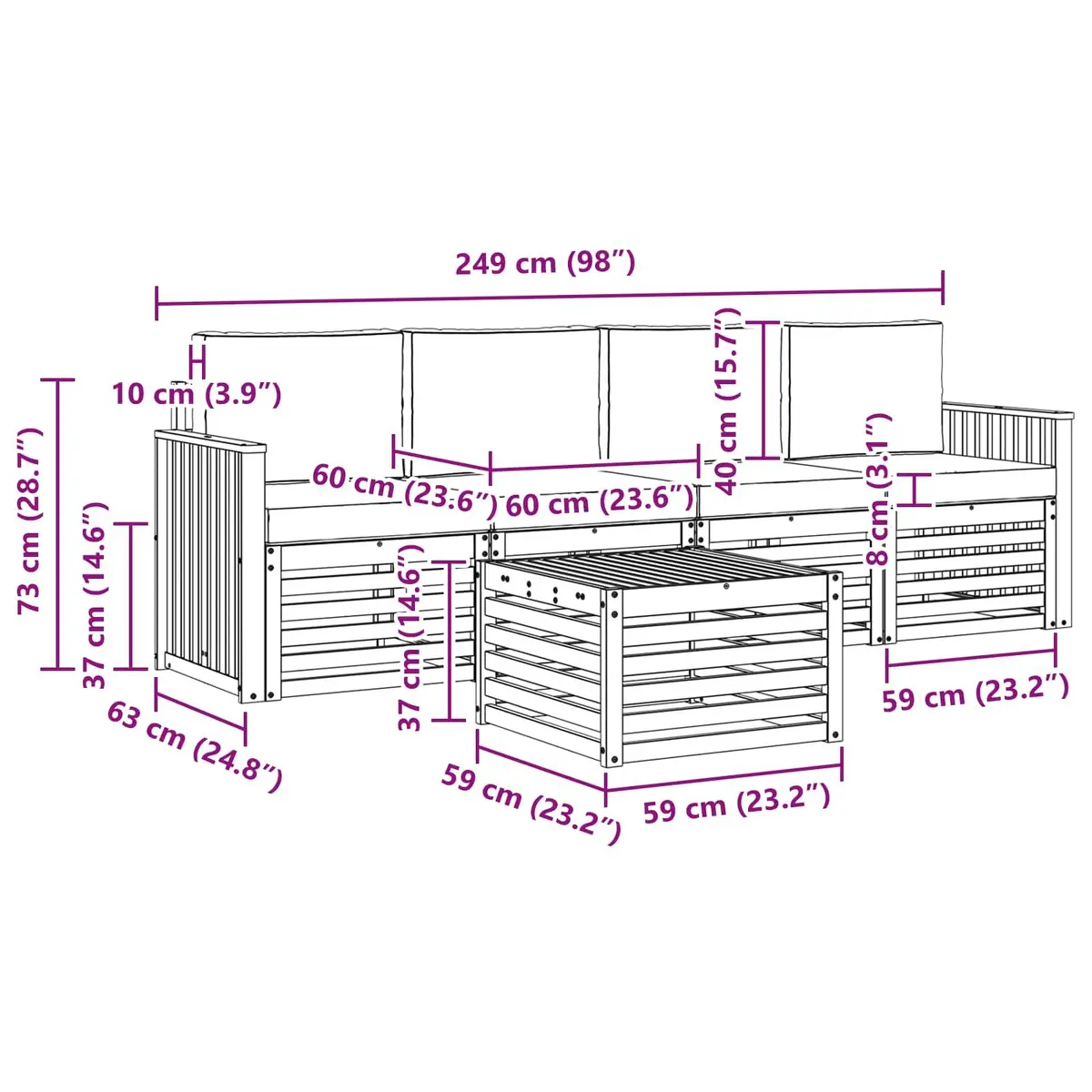 Outdoor Sofa Set Modular Natural Anthracite Solid Acacia Wood 5 Piece Garden Furniture