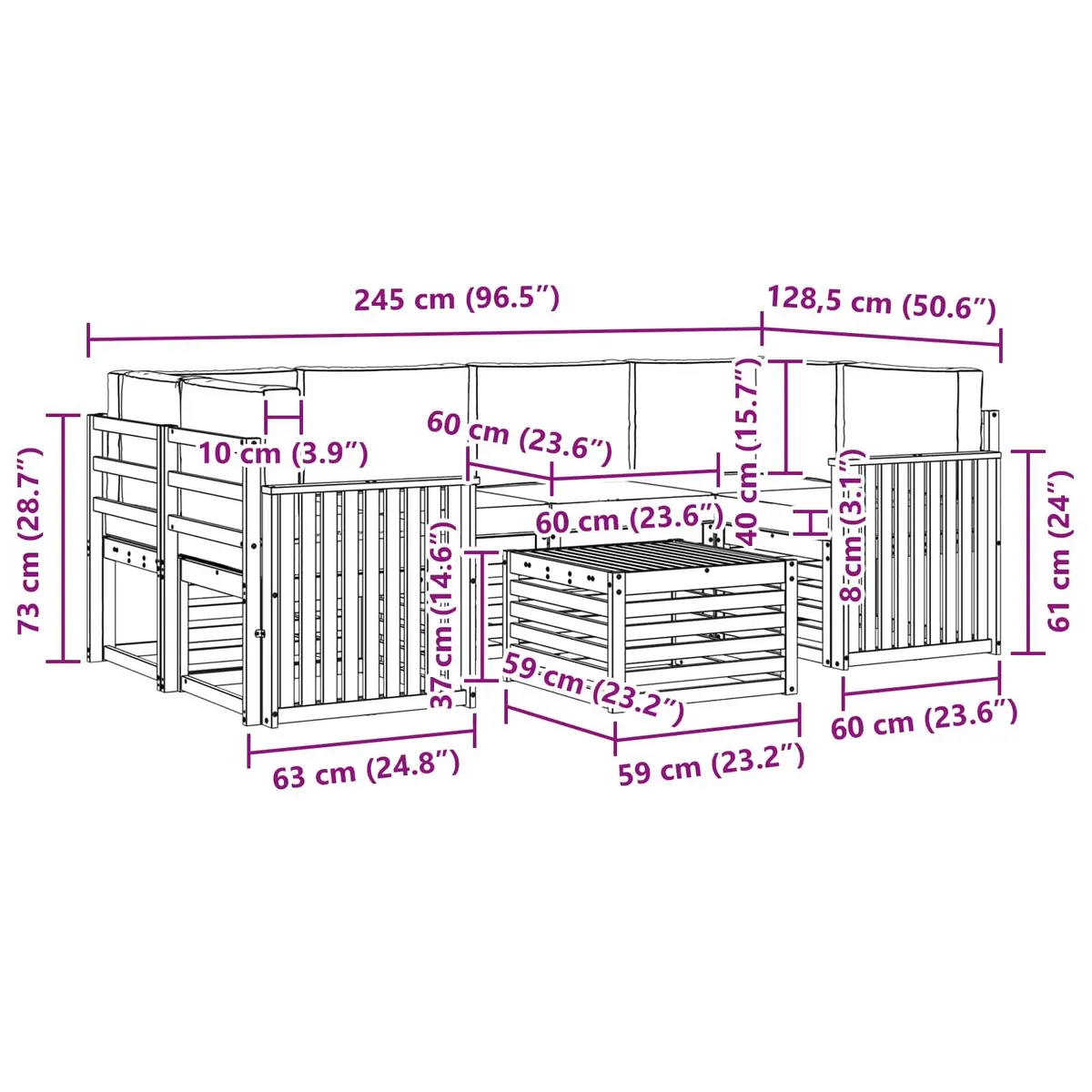 Outdoor Sofa Set Modular Natural Anthracite Solid Acacia Wood 7 Piece Garden Furniture