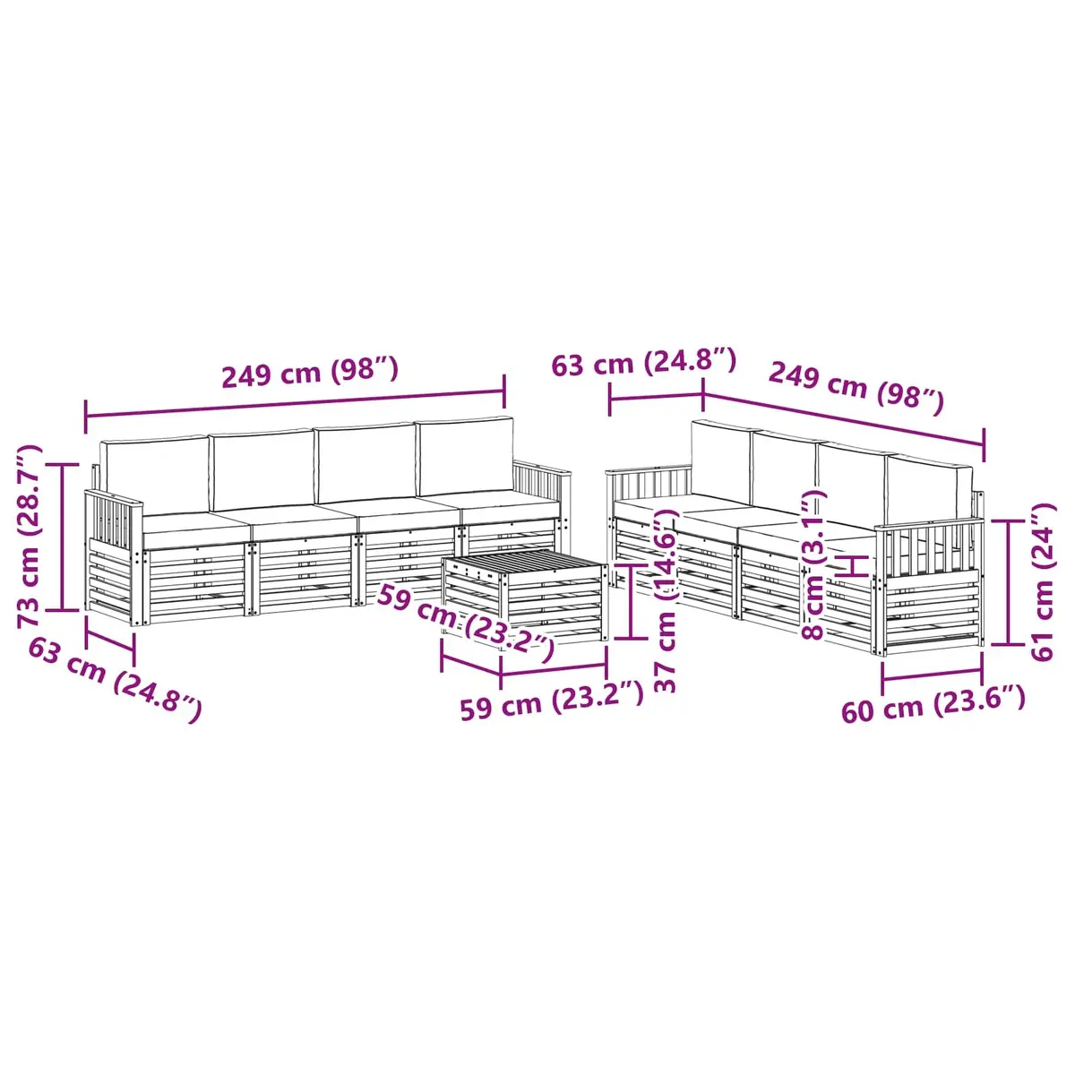 Outdoor Sofa Set Modular Contemporary 9 Piece Solid Acacia Wood Lounge Suite