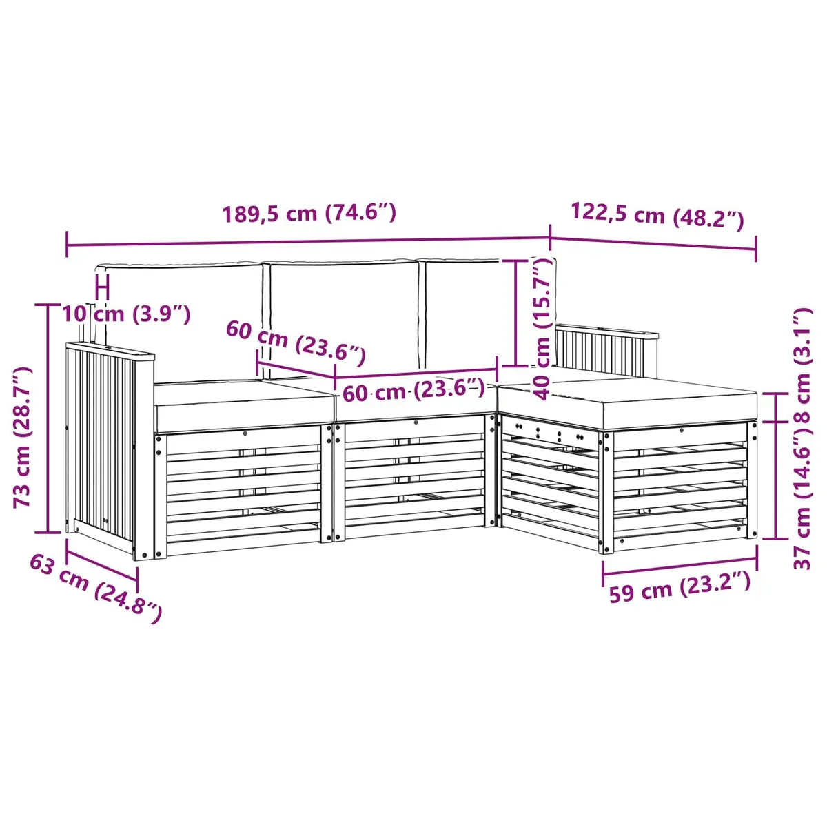 Outdoor Sofa Set Modular Natural Anthracite Solid Acacia Wood 4 Piece
