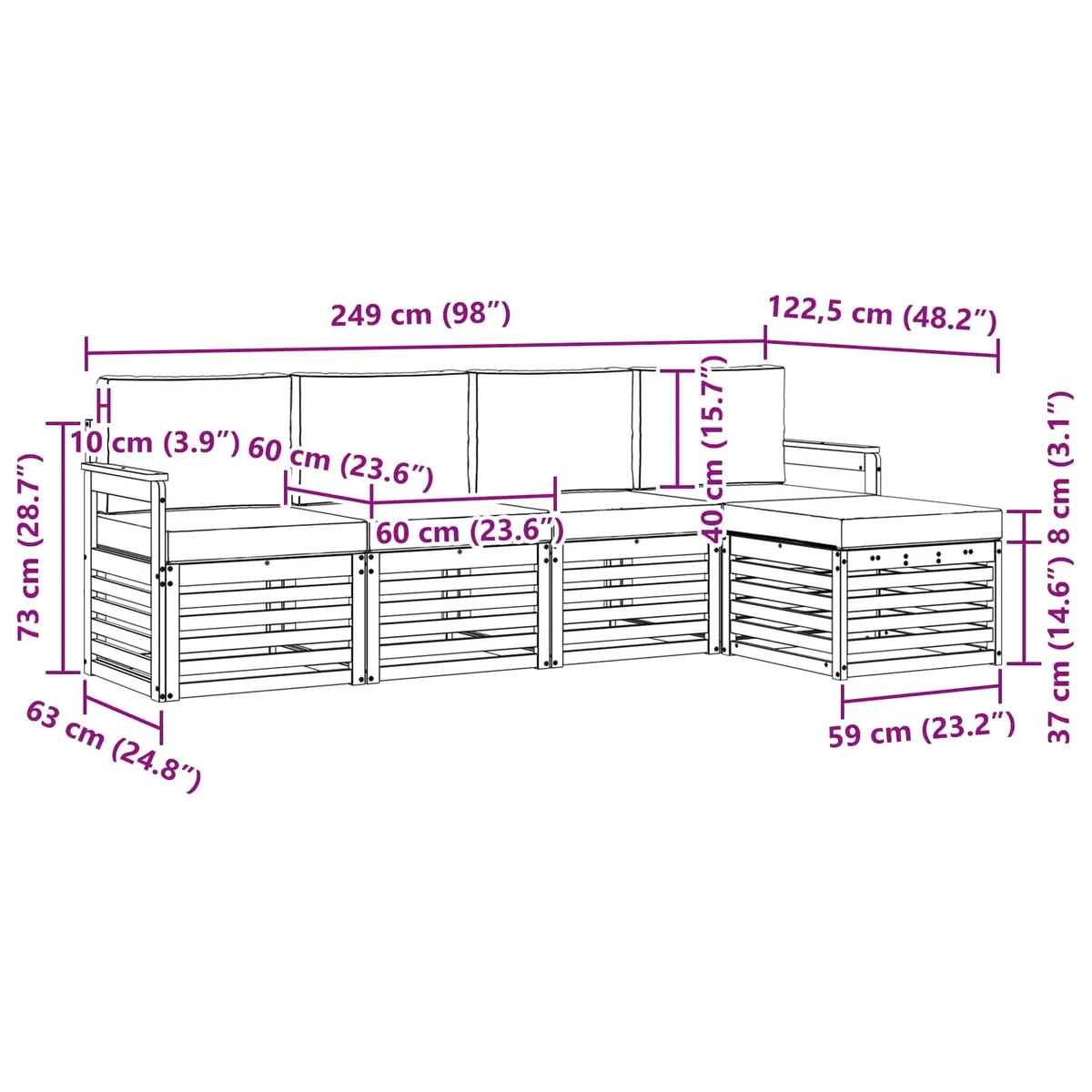 Outdoor Sofa Set Modular Sectional 5 Pieces Acacia Wood Natural Anthracite