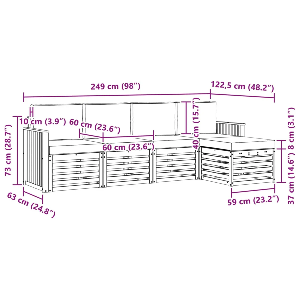 Outdoor Sofa Set Sectional Modular 5 Piece Natural Acacia Wood Anthracite