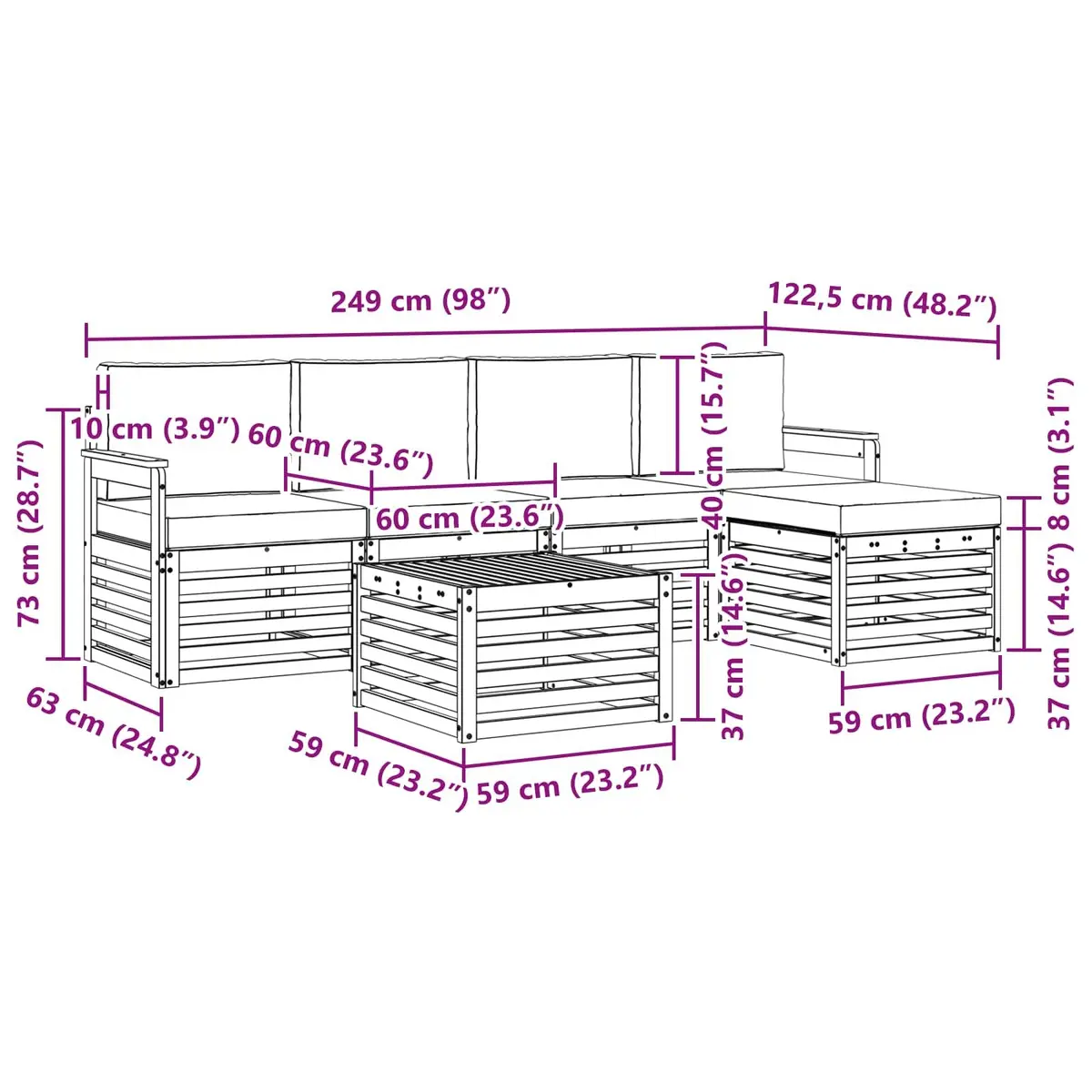 Outdoor Sofa Set Modular 6 Piece Natural Acacia Wood with Cushions