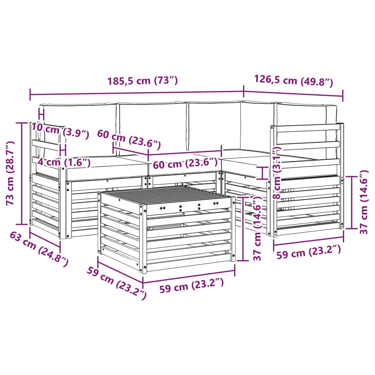 Outdoor Sectional Sofa Set Modular 5 Piece Natural Wood Garden Patio Furniture