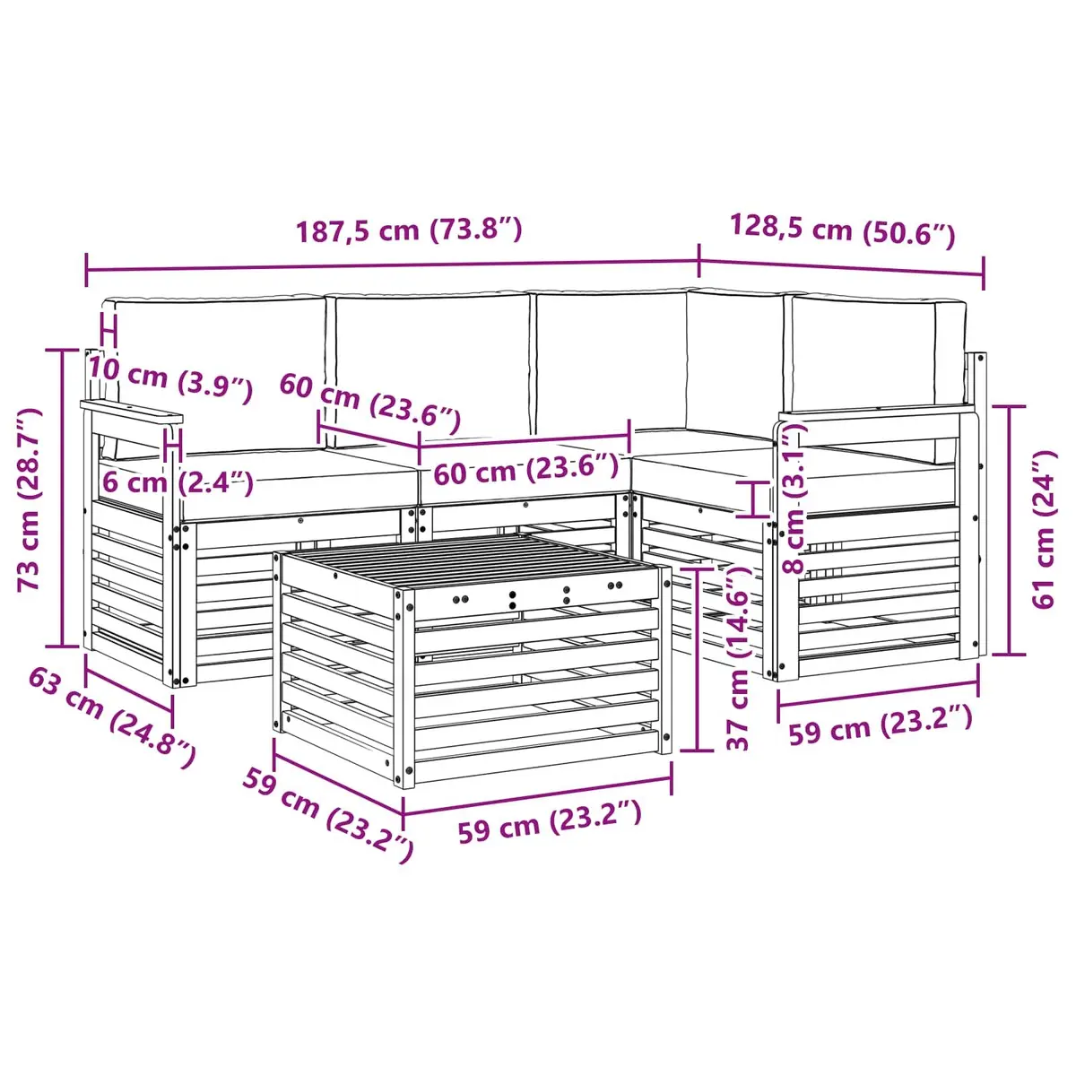 Outdoor Sectional Sofa Set Modular 5 Pieces Natural Acacia Wood