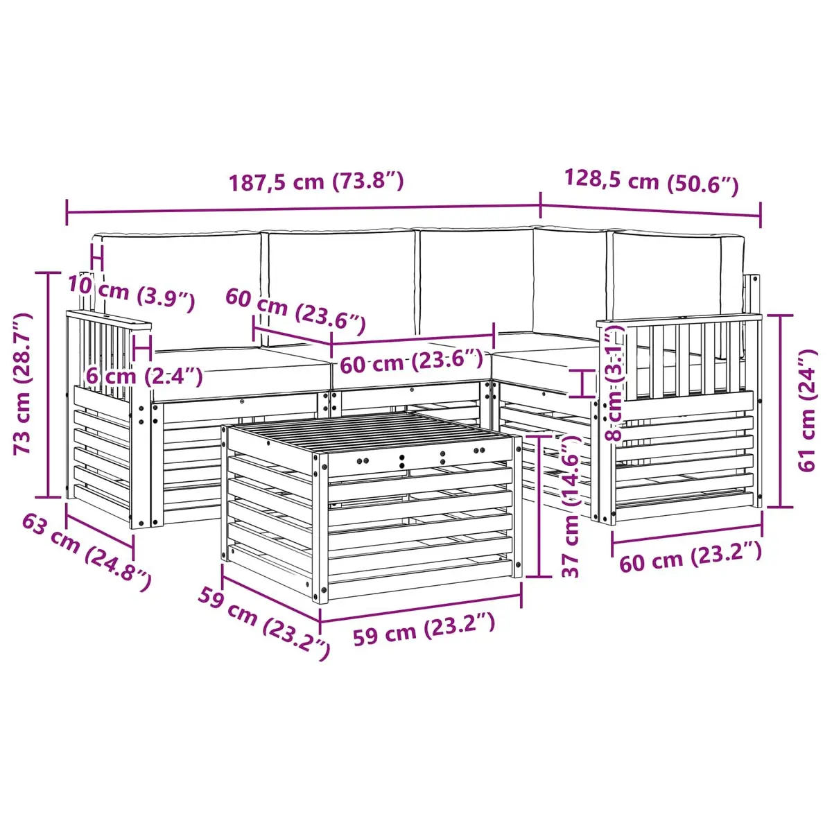 Outdoor Sectional Sofa Set Modular Natural Acacia Wood 5 Pieces