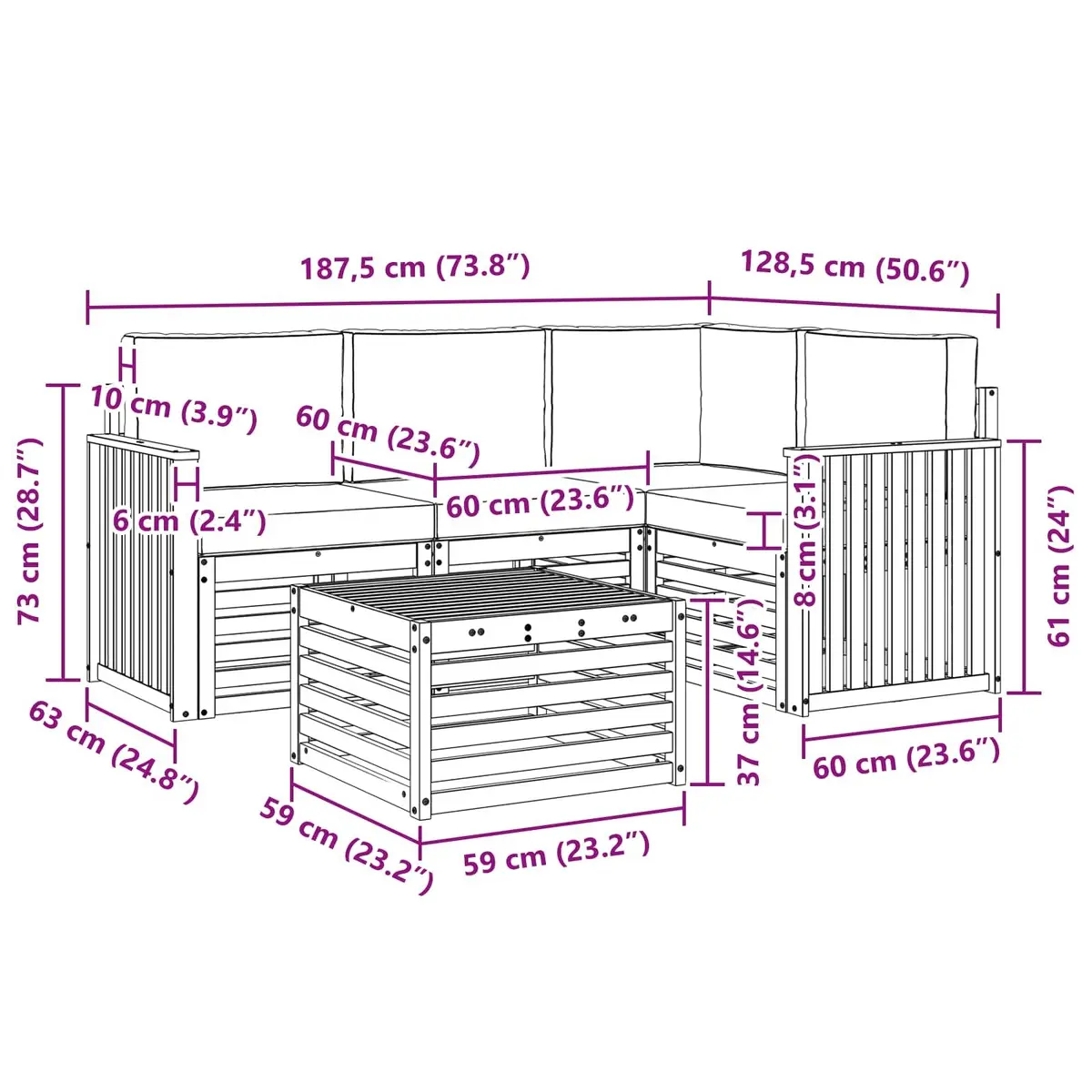 Outdoor Sectional Sofa Set Modular 5 Piece Acacia Wood with Cushions