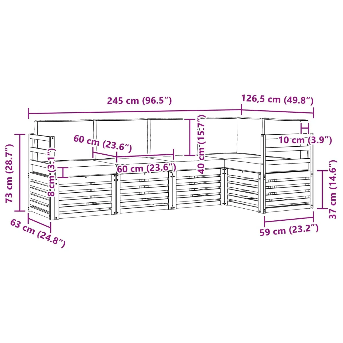 5 Piece Modular Sectional Sofa Set Outdoor Garden Furniture Natural Acacia Wood