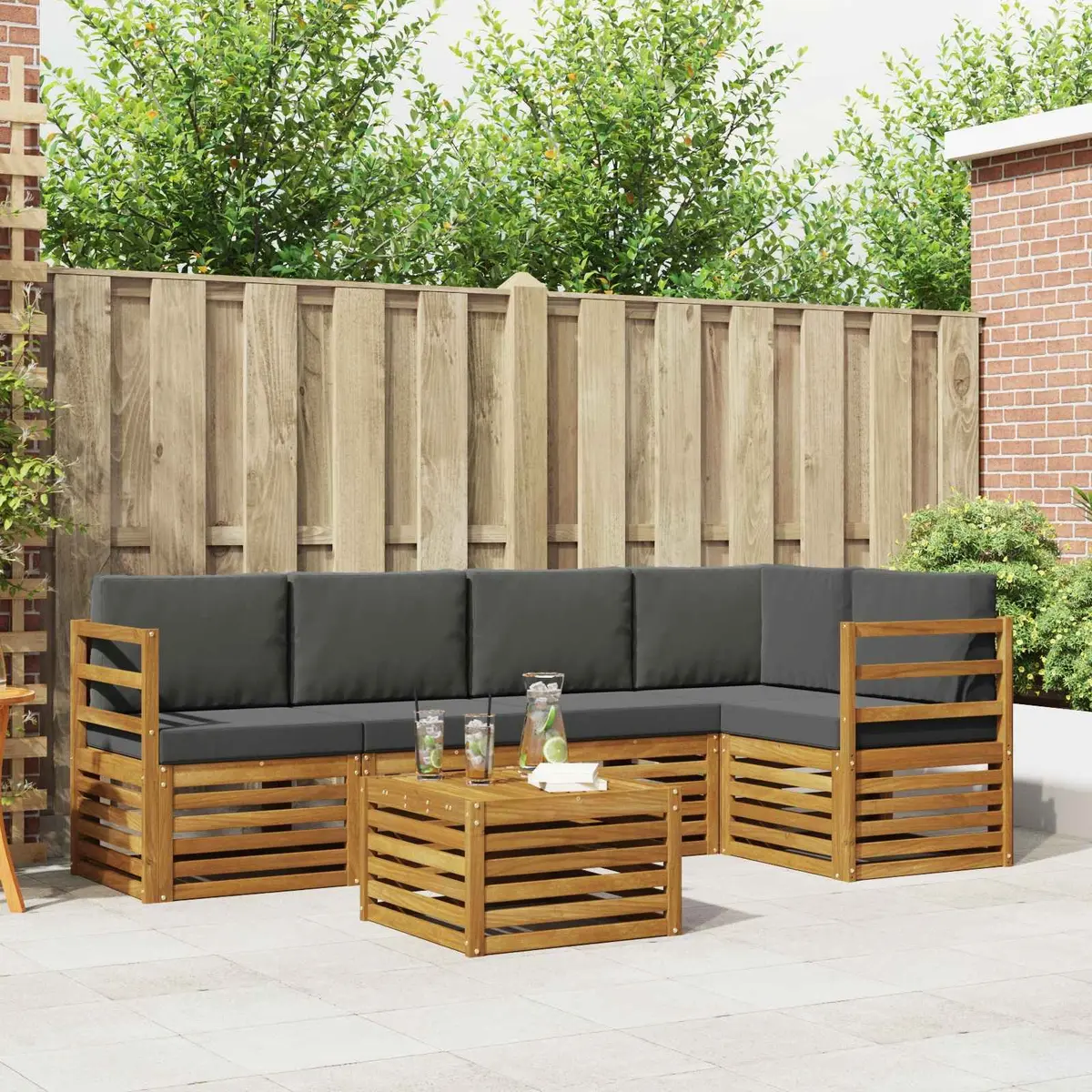 Sectional Sofa Set Modular Outdoor Garden Furniture 6 Piece Solid Acacia Wood Natural Finish