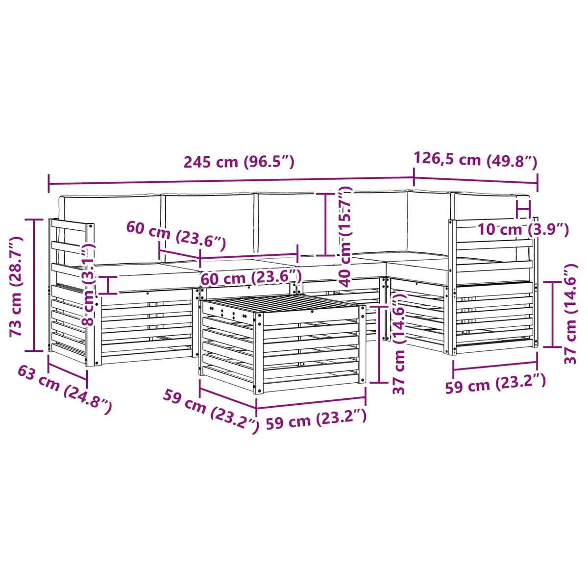 Sectional Sofa Set Modular Outdoor Garden Furniture 6 Piece Solid Acacia Wood Natural Finish