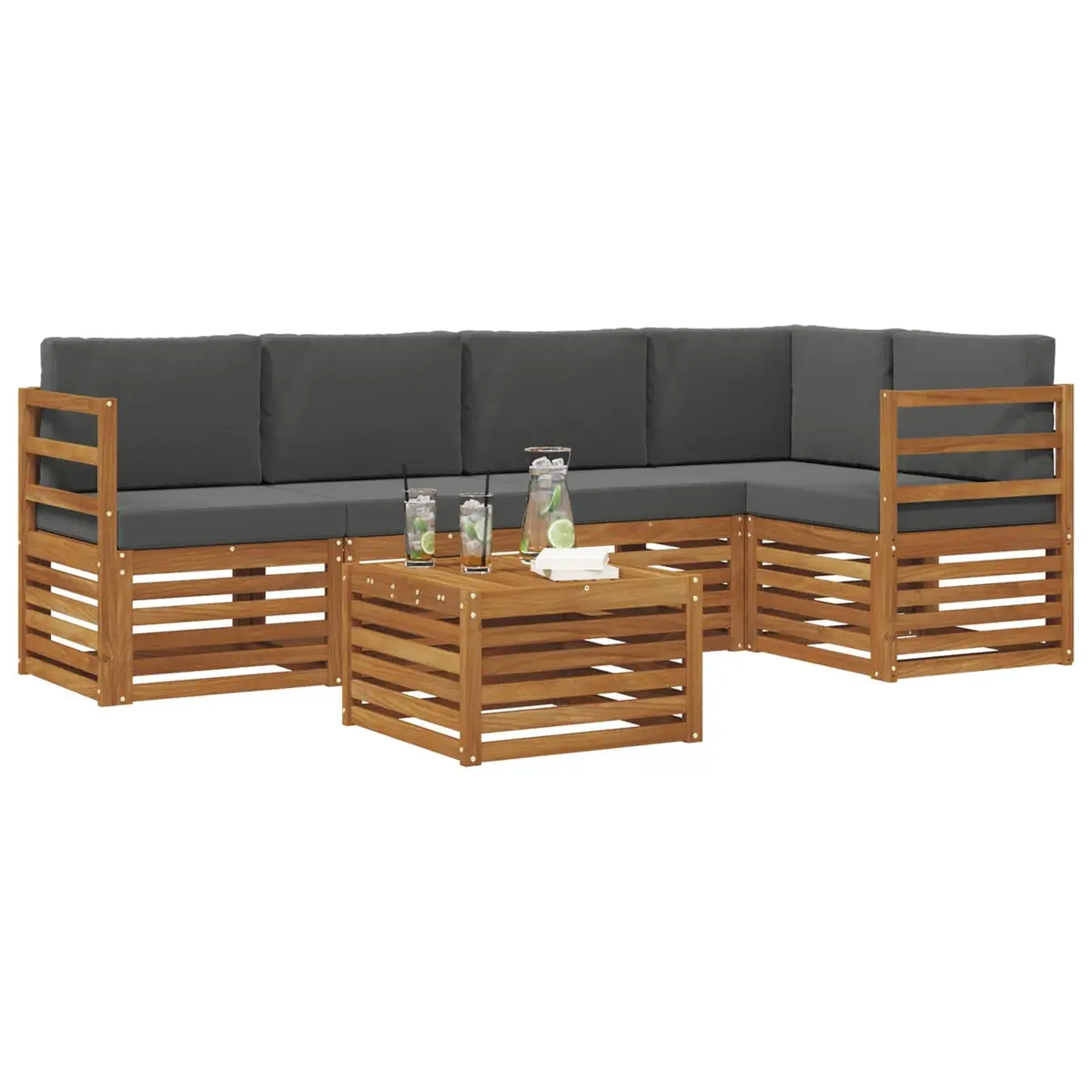Sectional Sofa Set Modular Outdoor Garden Furniture 6 Piece Solid Acacia Wood Natural Finish
