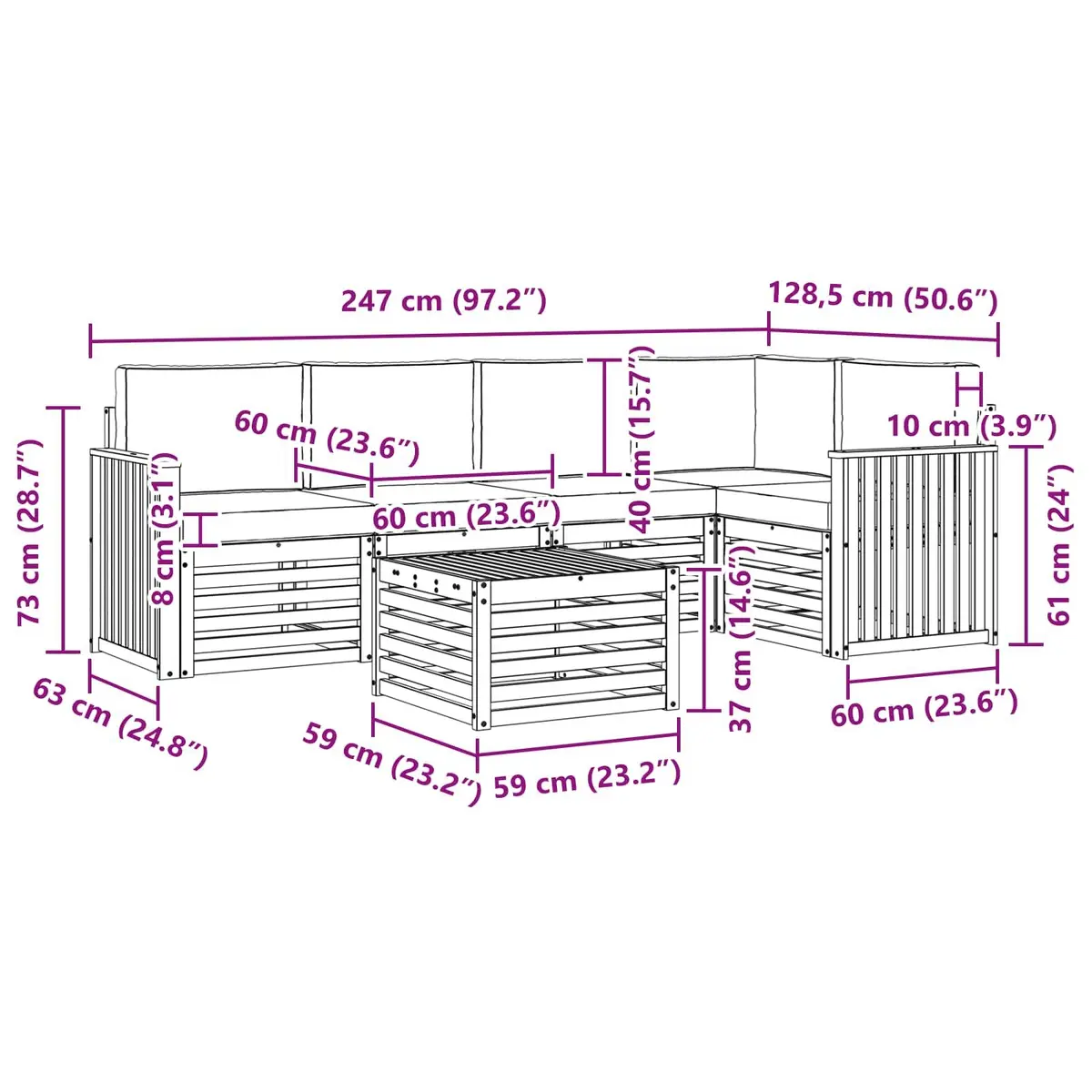 Modular Sectional Sofa Set 6 Pieces Outdoor Garden Furniture Natural Acacia Wood Anthracite Cushions