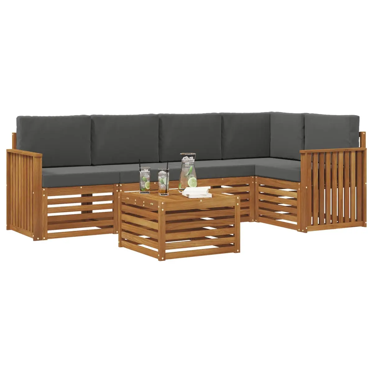 Modular Sectional Sofa Set 6 Pieces Outdoor Garden Furniture Natural Acacia Wood Anthracite Cushions