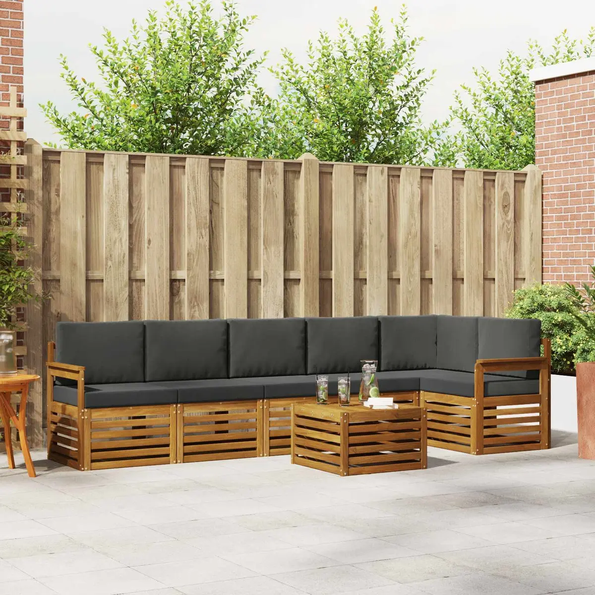 Sectional Sofa Set Modern Natural Anthracite 7 Piece Solid Acacia Wood Outdoor Garden Patio Furniture