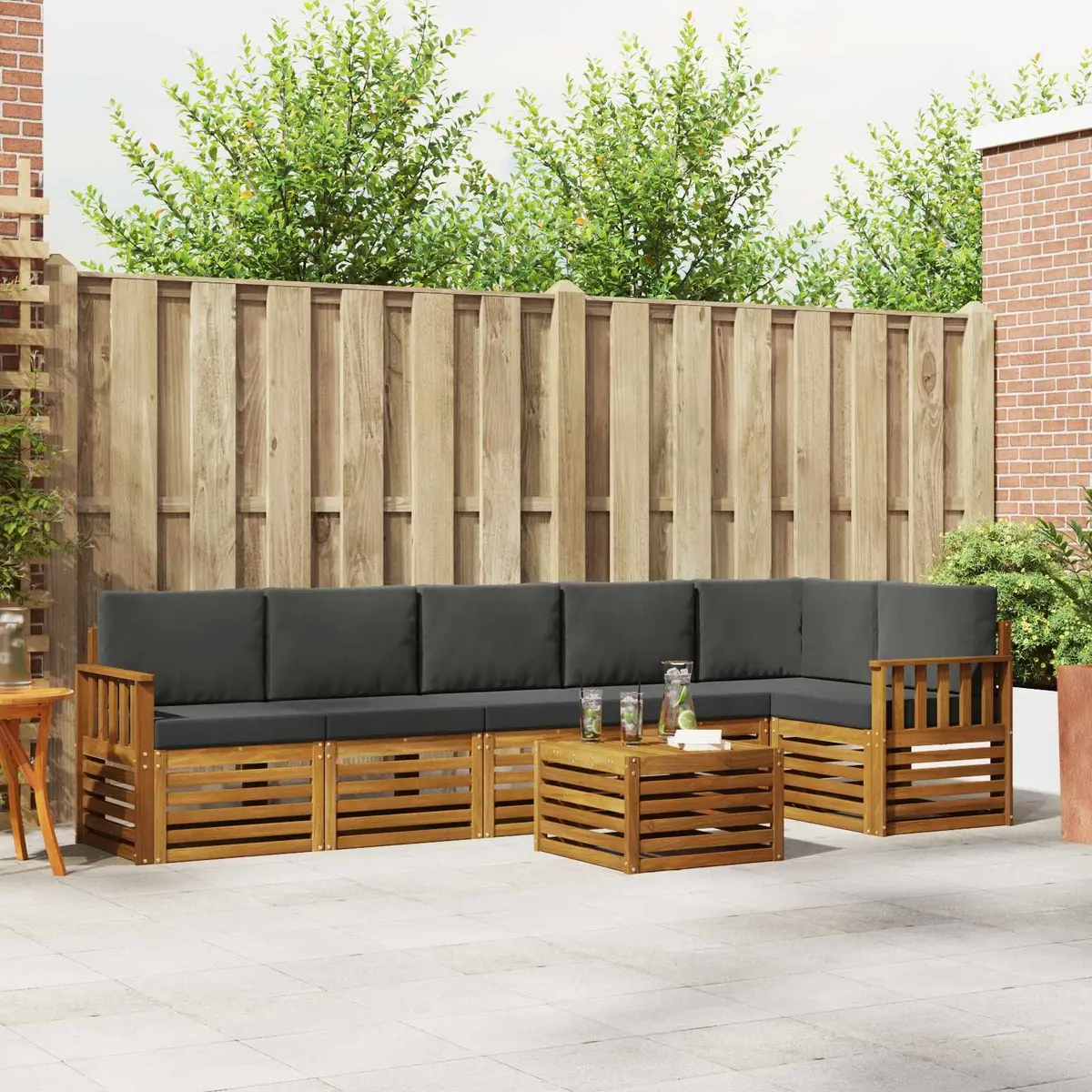 Sectional Sofa Set Modular Outdoor Garden Patio Furniture 7 Piece Solid Acacia Wood Natural Anthracite
