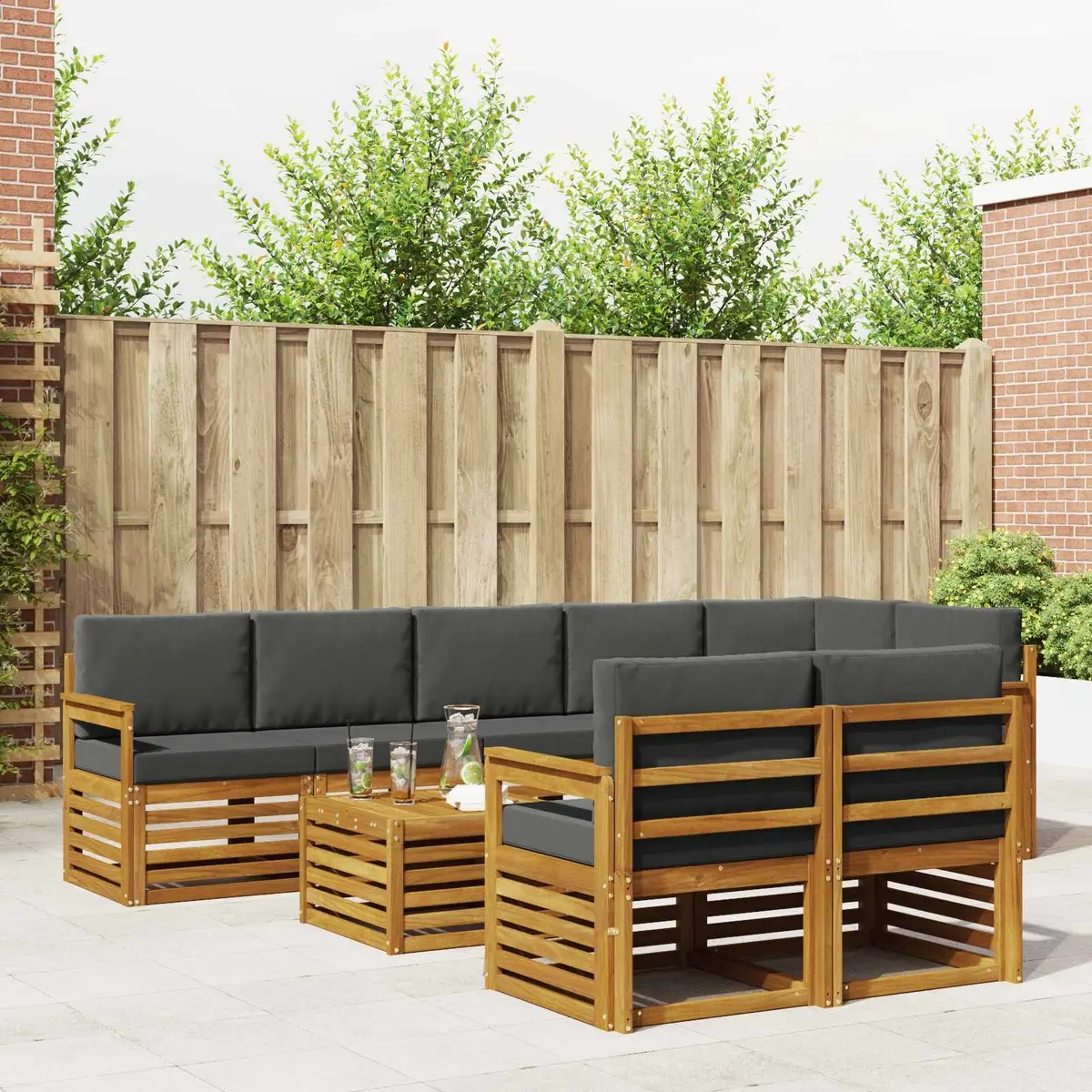 Outdoor Sectional Sofa Set Modular Contemporary 9 Piece Solid Acacia Wood Natural Anthracite