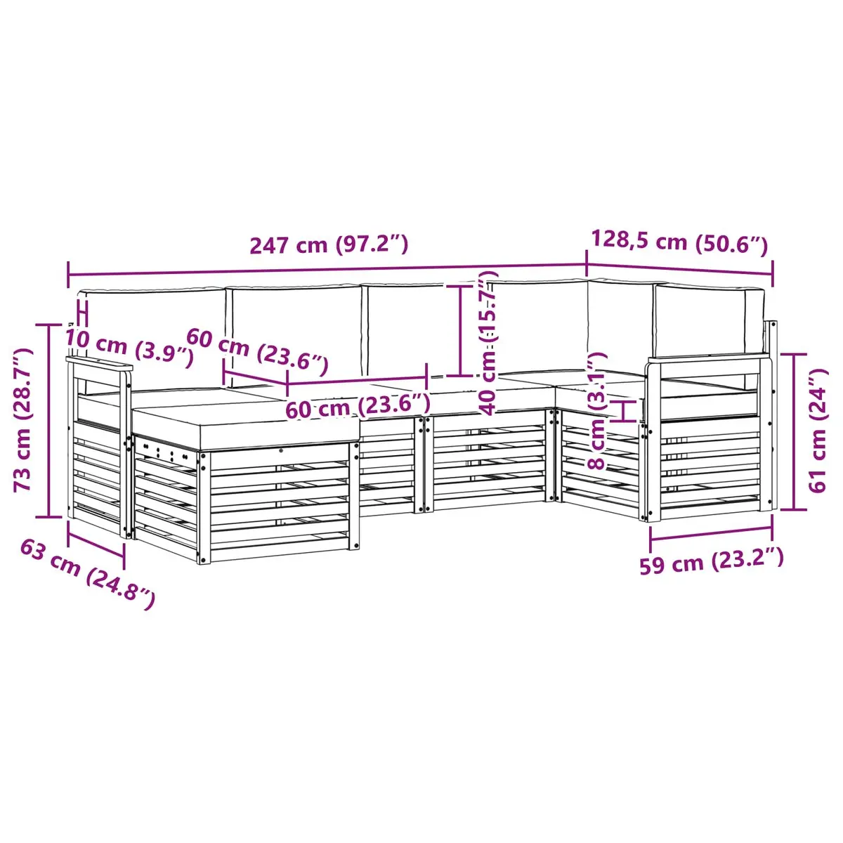 Outdoor Sectional Sofa Set Modular 6 Piece Natural Acacia Wood Lacquered