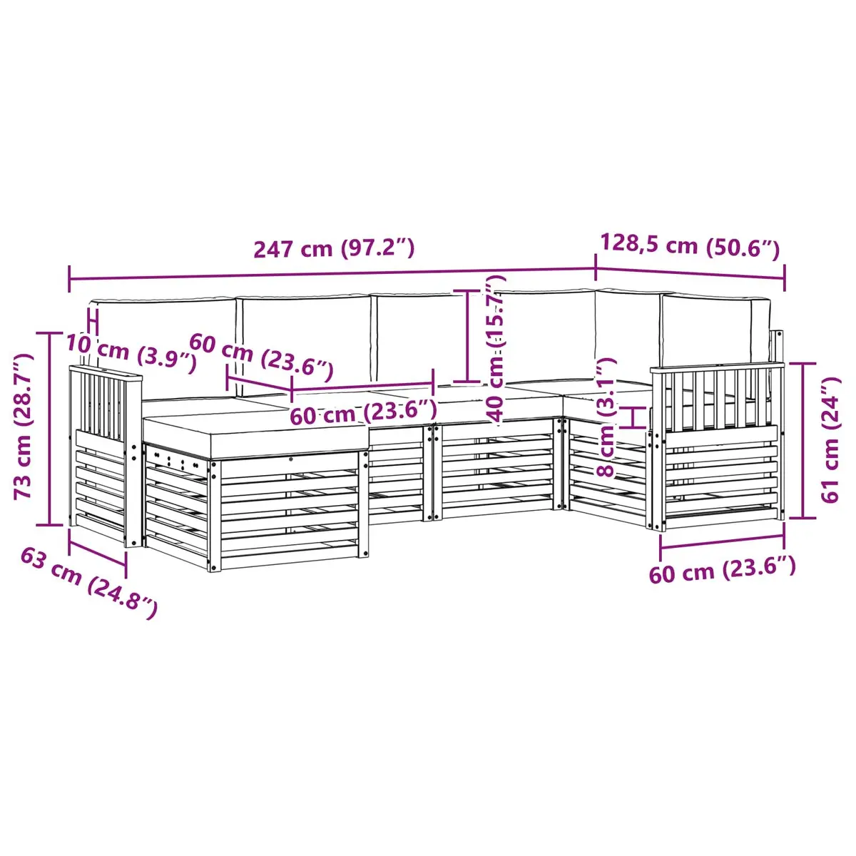 Outdoor Sectional Sofa Set Modular 6 Pieces Natural Anthracite Solid Acacia Wood