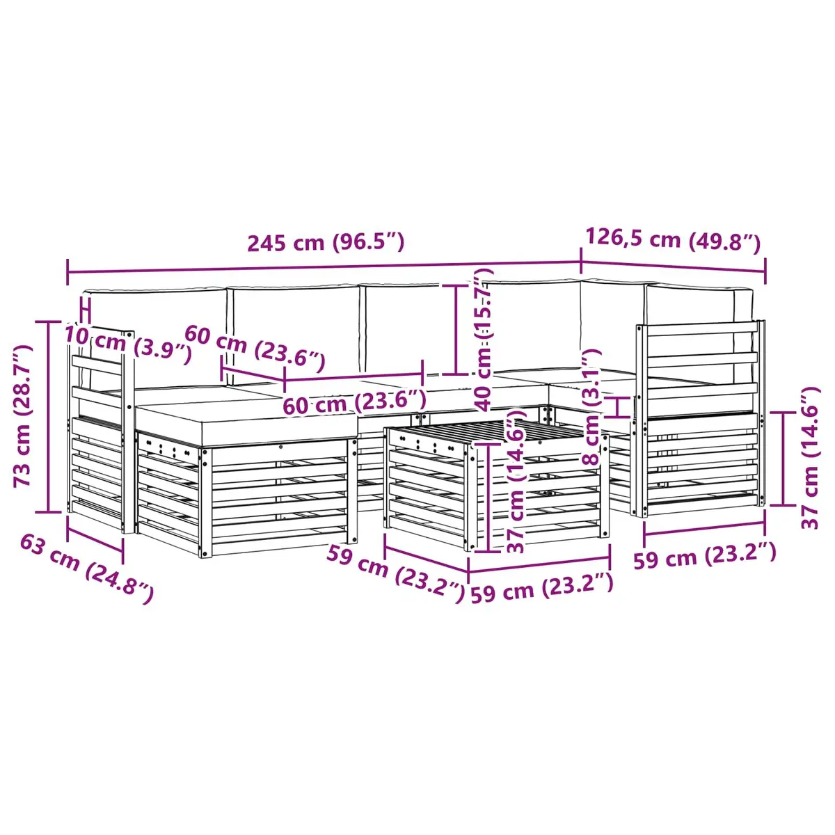 Sectional Sofa Set Outdoor Furniture Natural Acacia Wood 7 Pieces