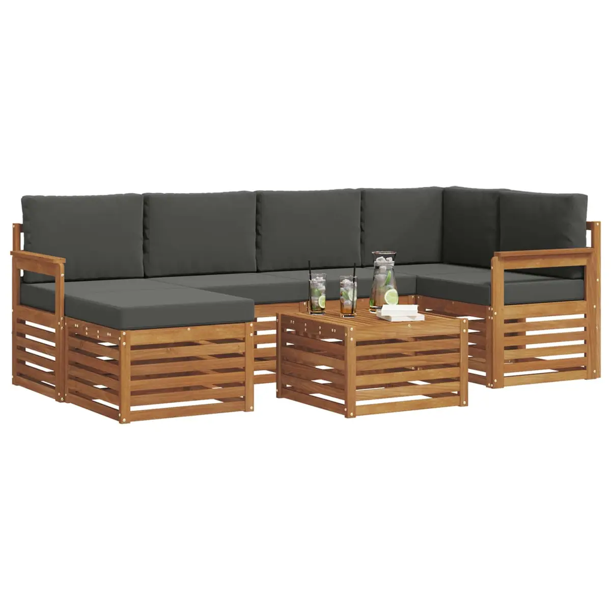Sectional Sofa Set Natural Anthracite 7 Pieces Solid Acacia Wood Outdoor Garden Furniture