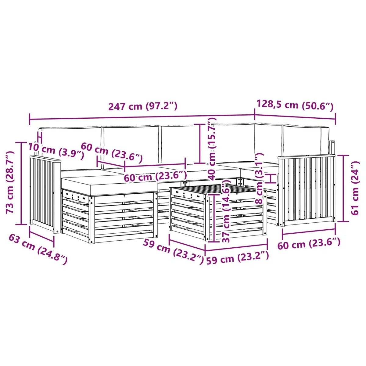 Sectional Sofa Set Modular Outdoor Garden Furniture 7 Pieces Solid Acacia Wood Natural and Anthracite