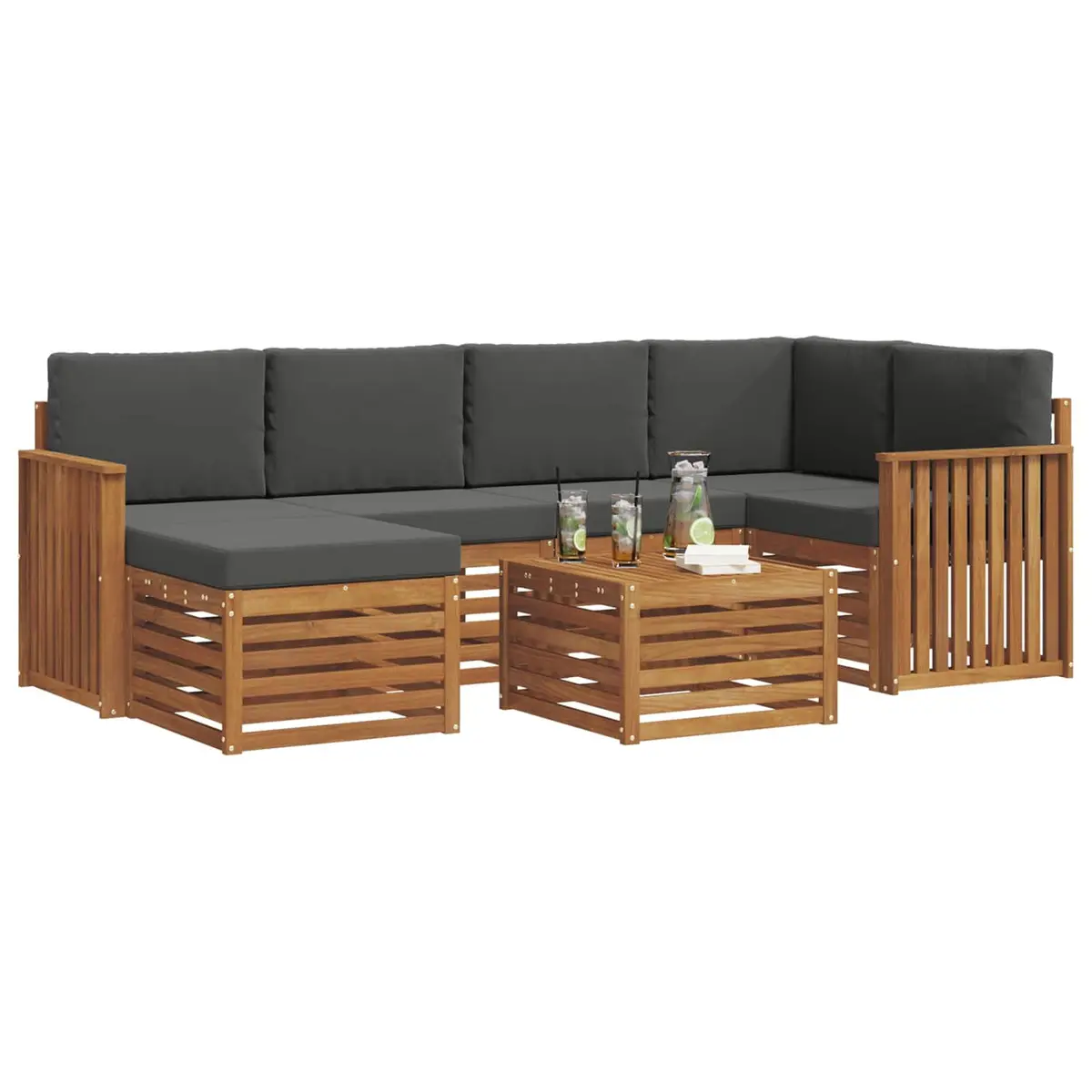 Sectional Sofa Set Modular Outdoor Garden Furniture 7 Pieces Solid Acacia Wood Natural and Anthracite