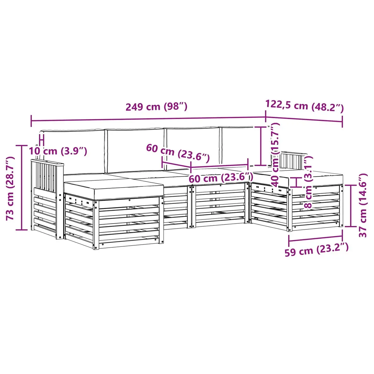 Outdoor Sofa Set Modular Brown Acacia Wood 6 Piece