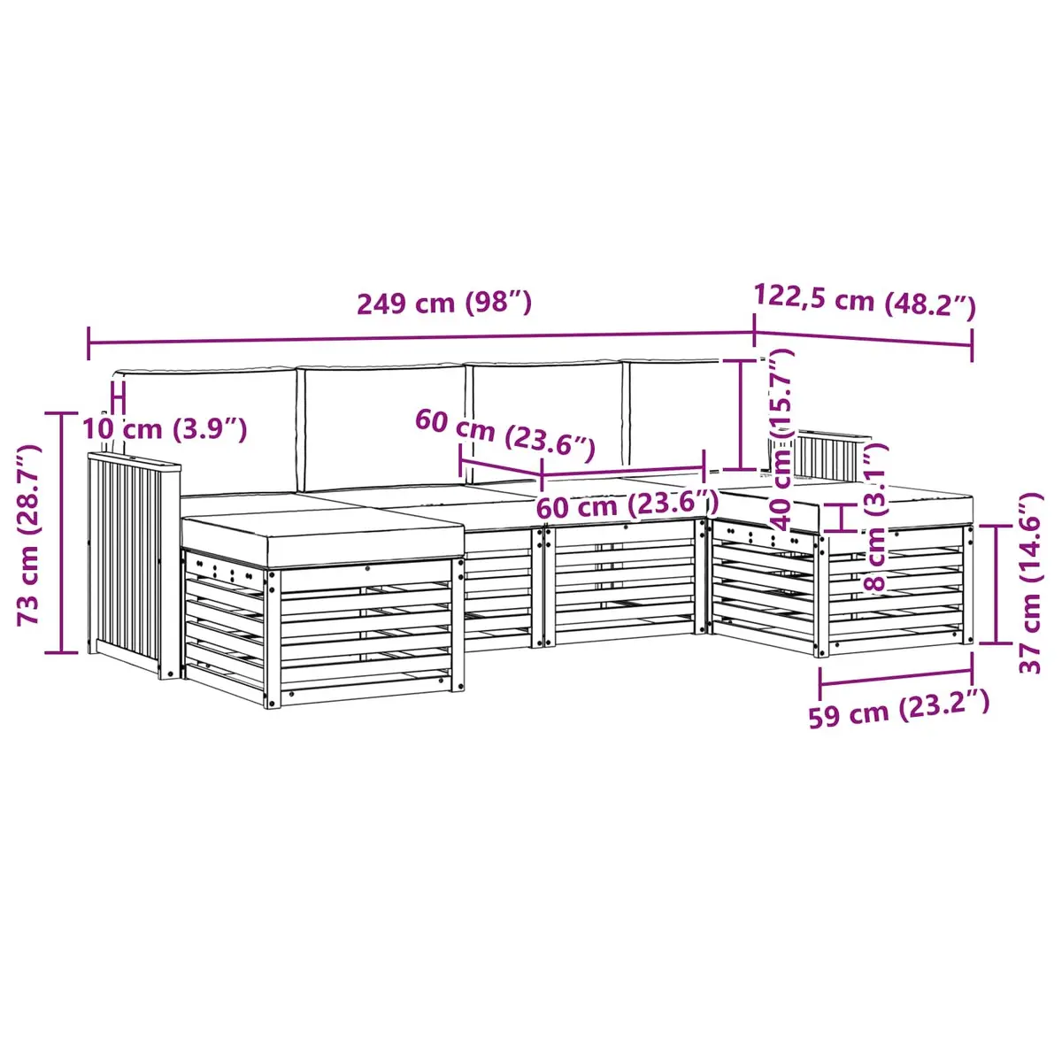 Outdoor Sofa Set Modular Brown Solid Acacia Wood 6 Piece Garden Patio Furniture