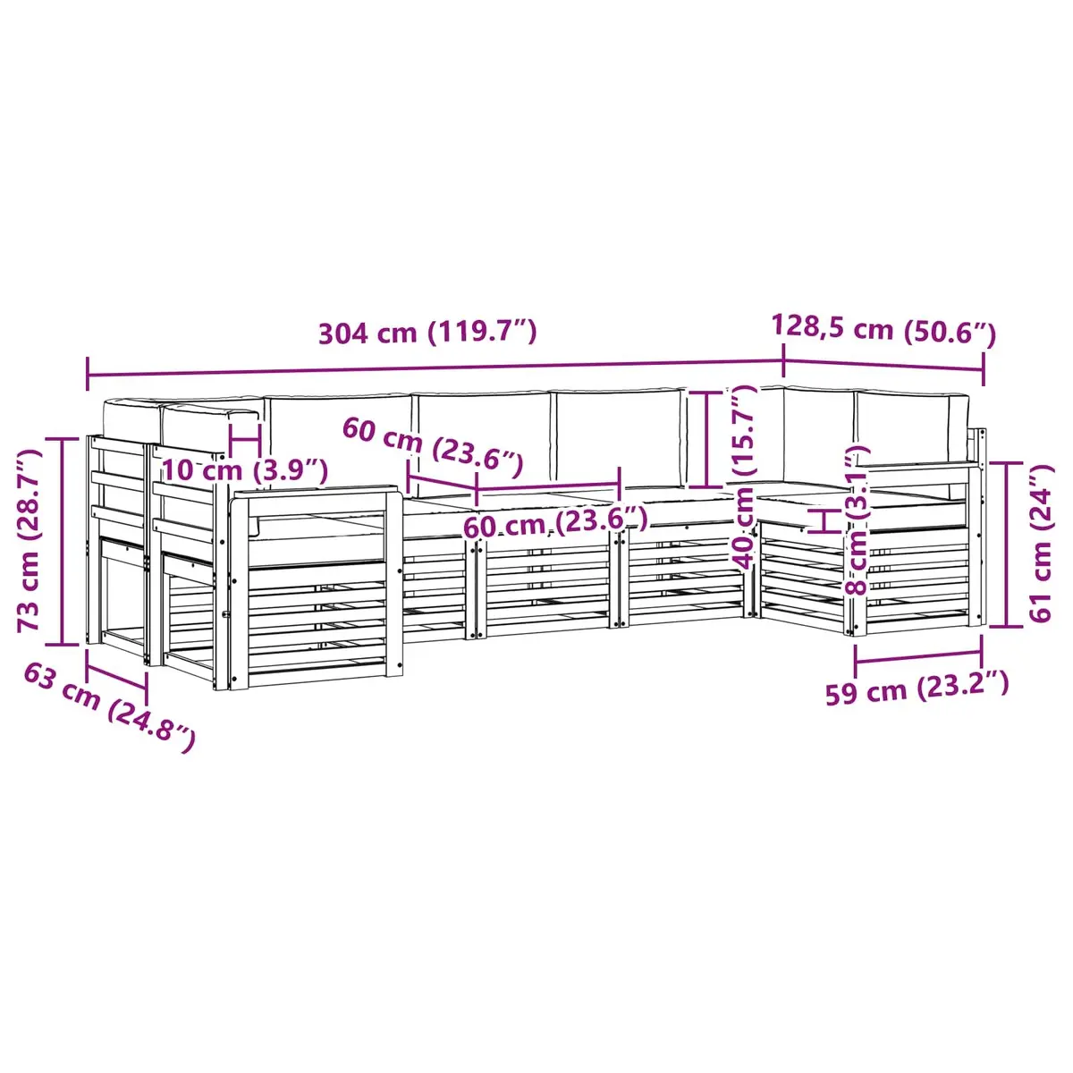 Outdoor Sectional Sofa Set Modular Brown Solid Acacia Wood 7 Pieces