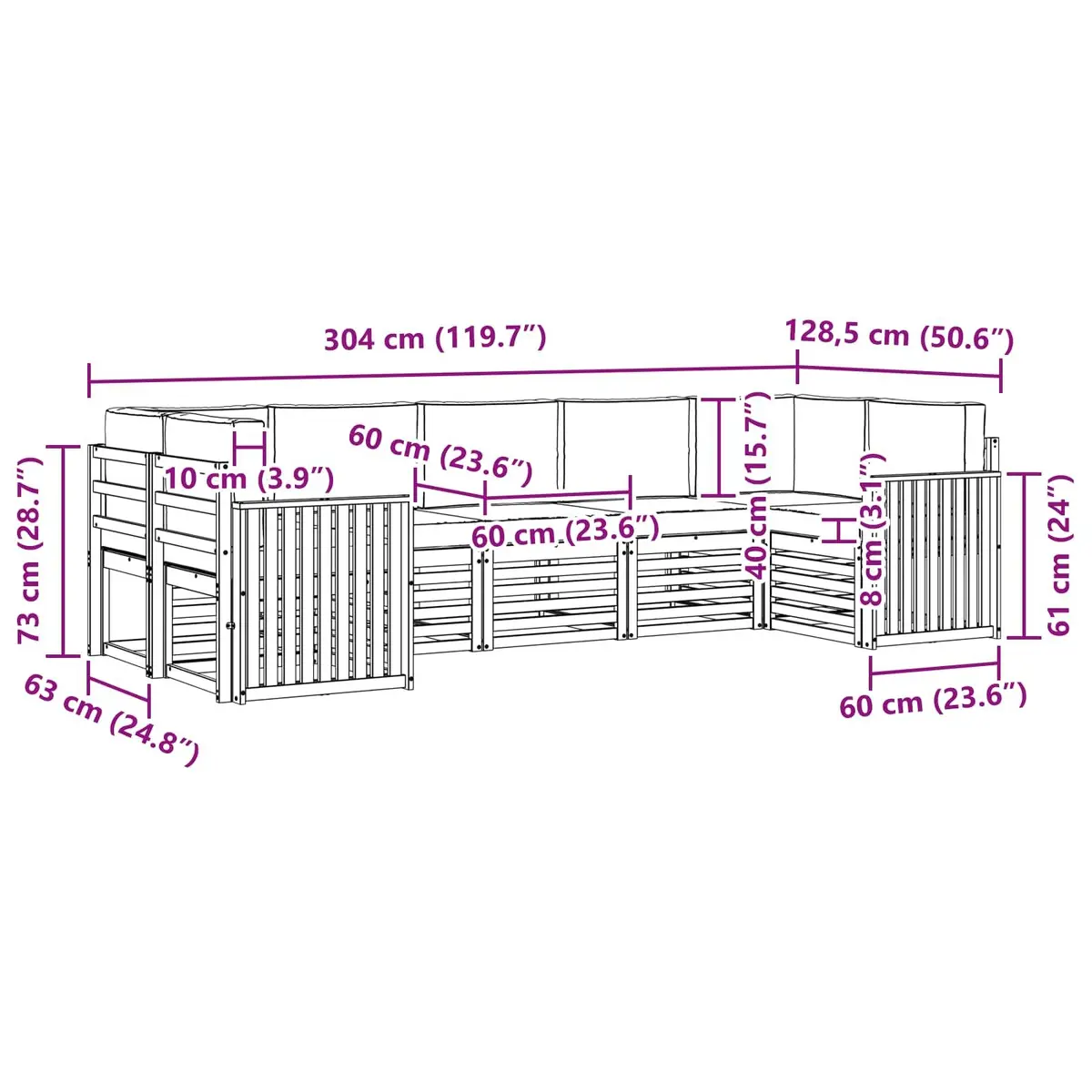 Outdoor Sectional Sofa Set Modular Modern Minimalist 7 Piece Brown Solid Acacia Wood