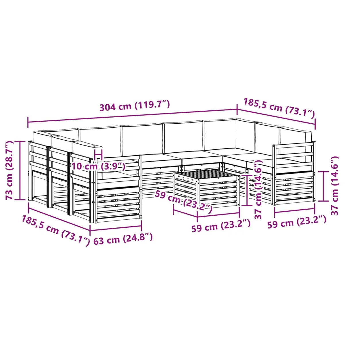 10 Piece Outdoor Sofa Set Modular Natural Acacia Wood Garden Furniture