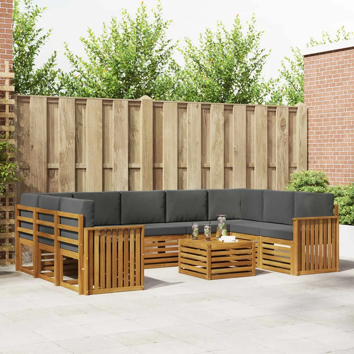 10 Piece Modular Outdoor Seating Set Natural Acacia Wood Anthracite Finish Patio Furniture