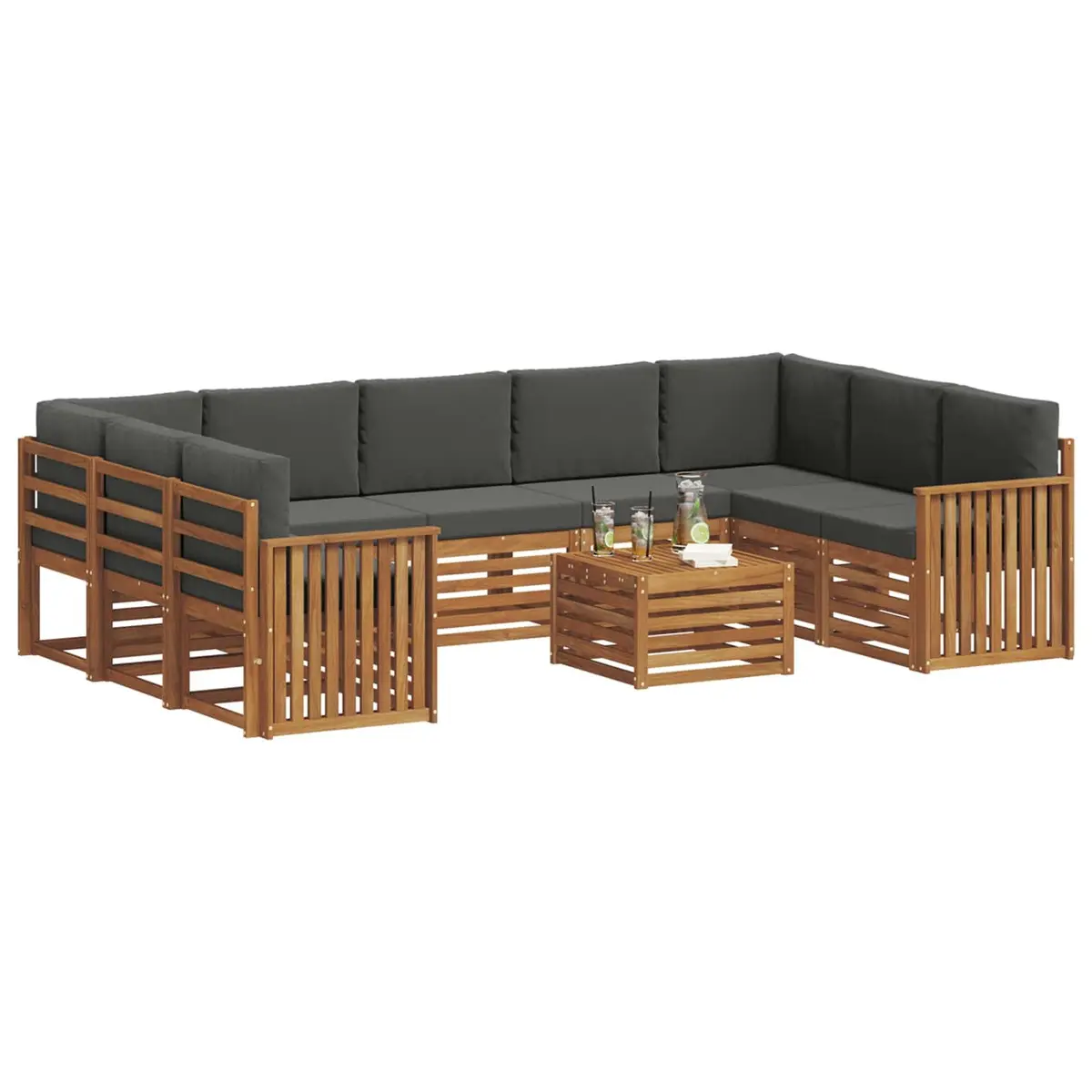 10 Piece Modular Outdoor Seating Set Natural Acacia Wood Anthracite Finish Patio Furniture