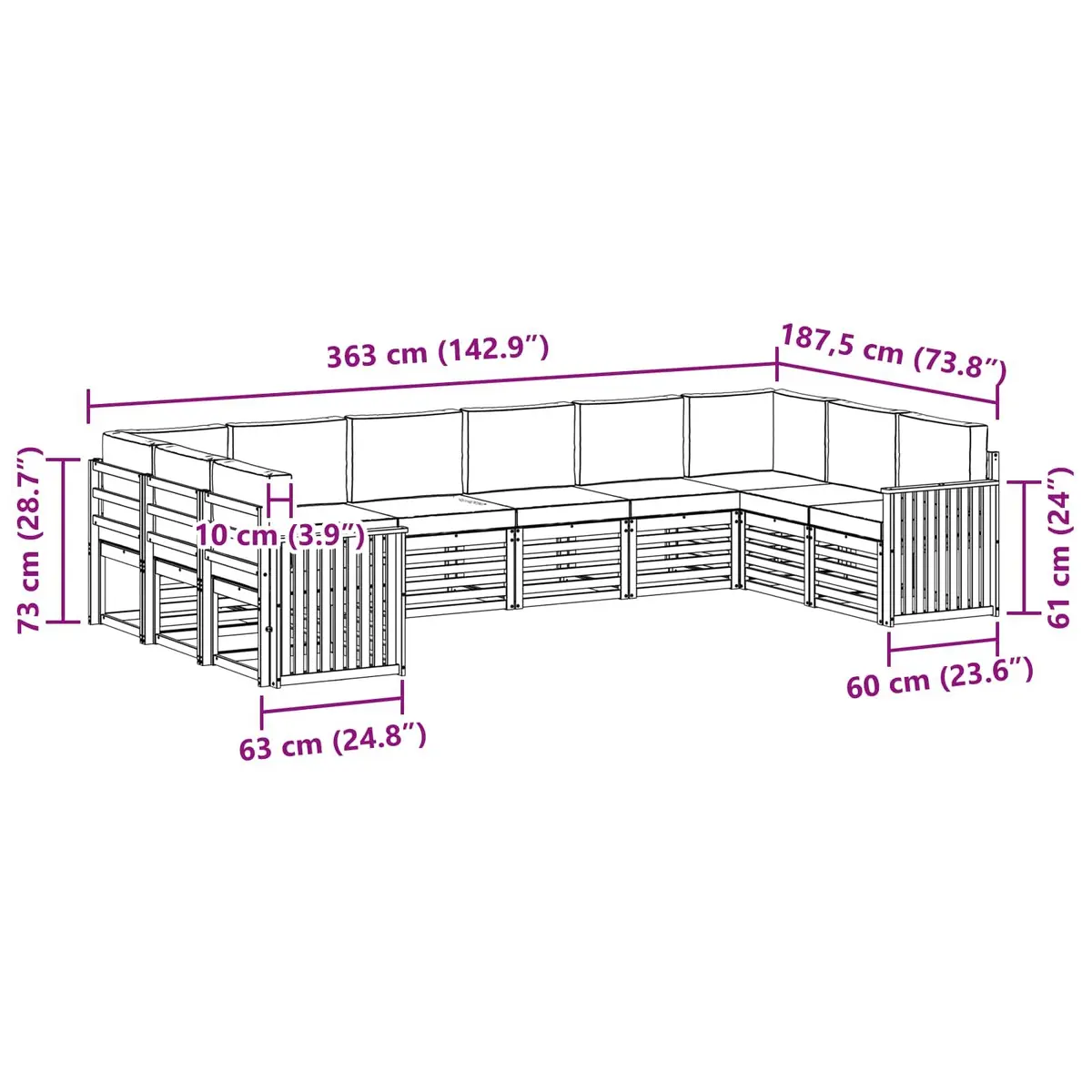 Outdoor Sectional Sofa Set Modular Brown Solid Acacia Wood with Lacquered Finish 10 Piece