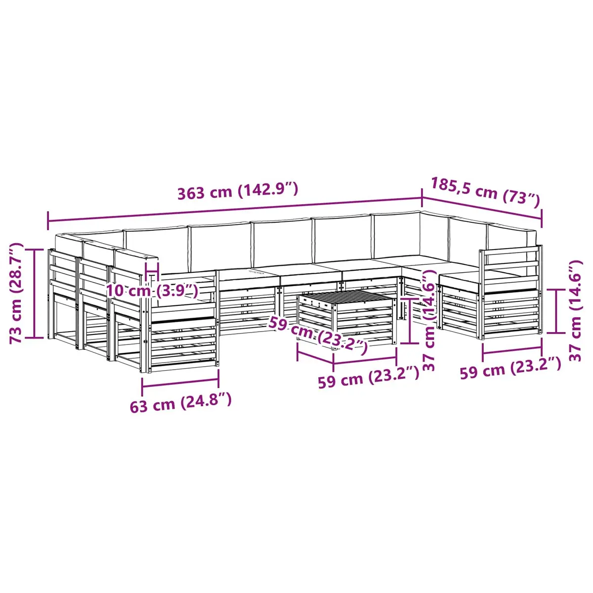 Outdoor Sofa Set 11 Piece Garden Furniture Modular Lounge Seating with Cushions
