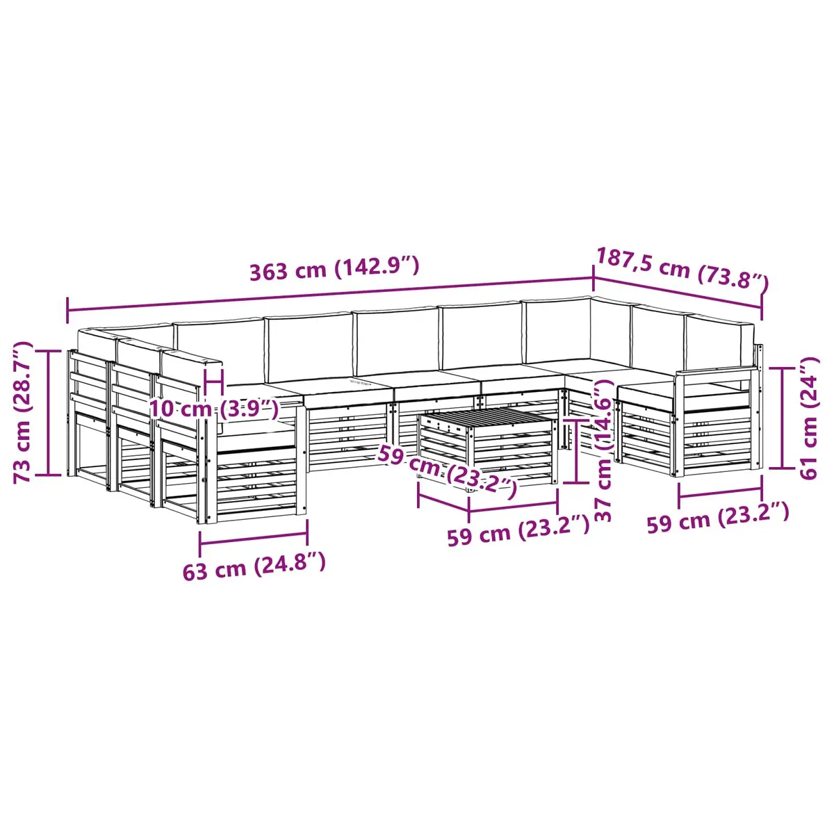 Outdoor Sofa Set Modular 11 Pieces Acacia Wood Cushion