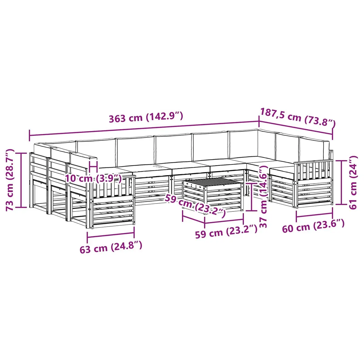 Outdoor Sofa Set Modular 11 Piece Acacia Wood with Cushions